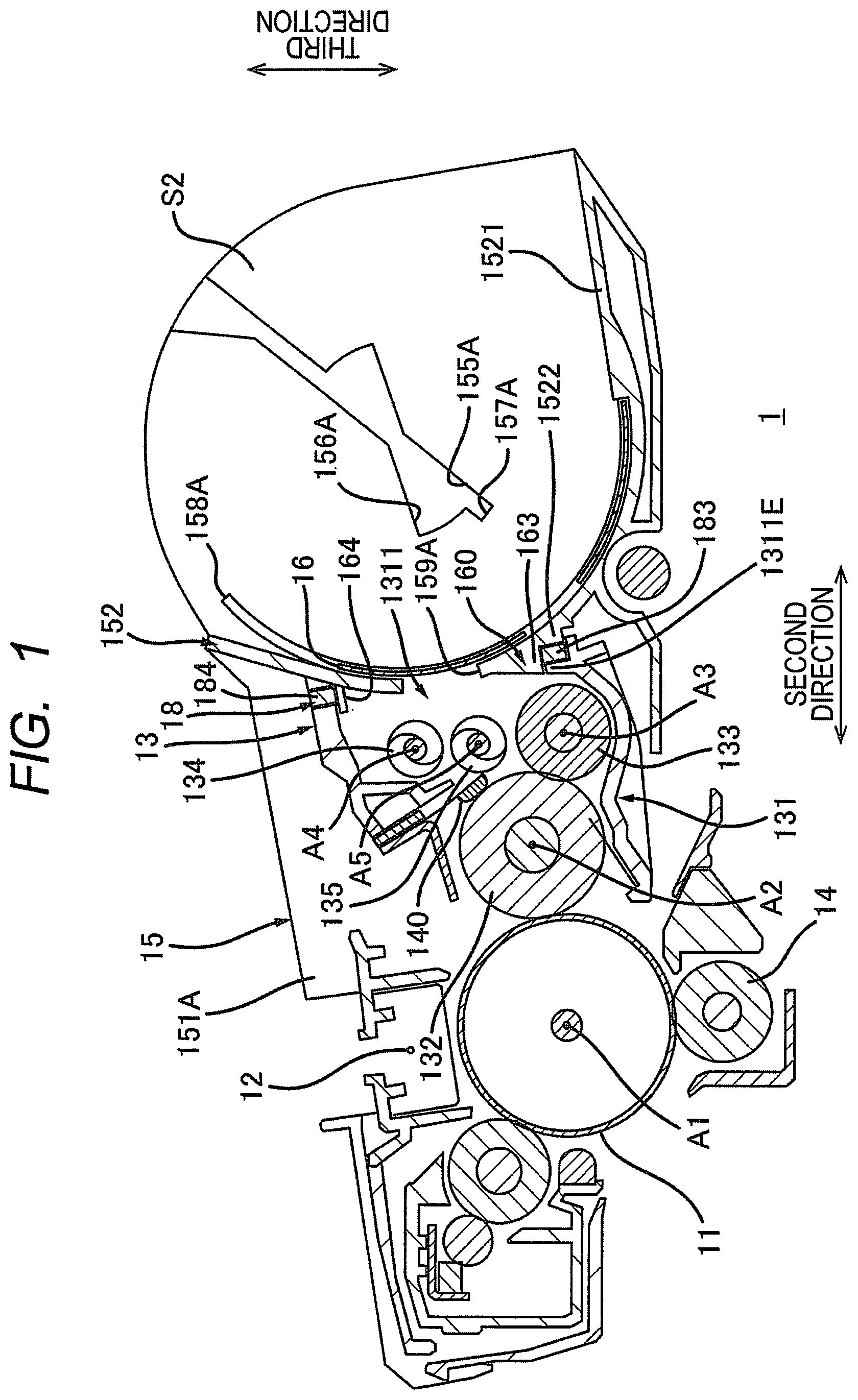 Patent US12353163 — Process cartridge having support frame with passage opening, developing housing with reception opening, and seal — Figure 1