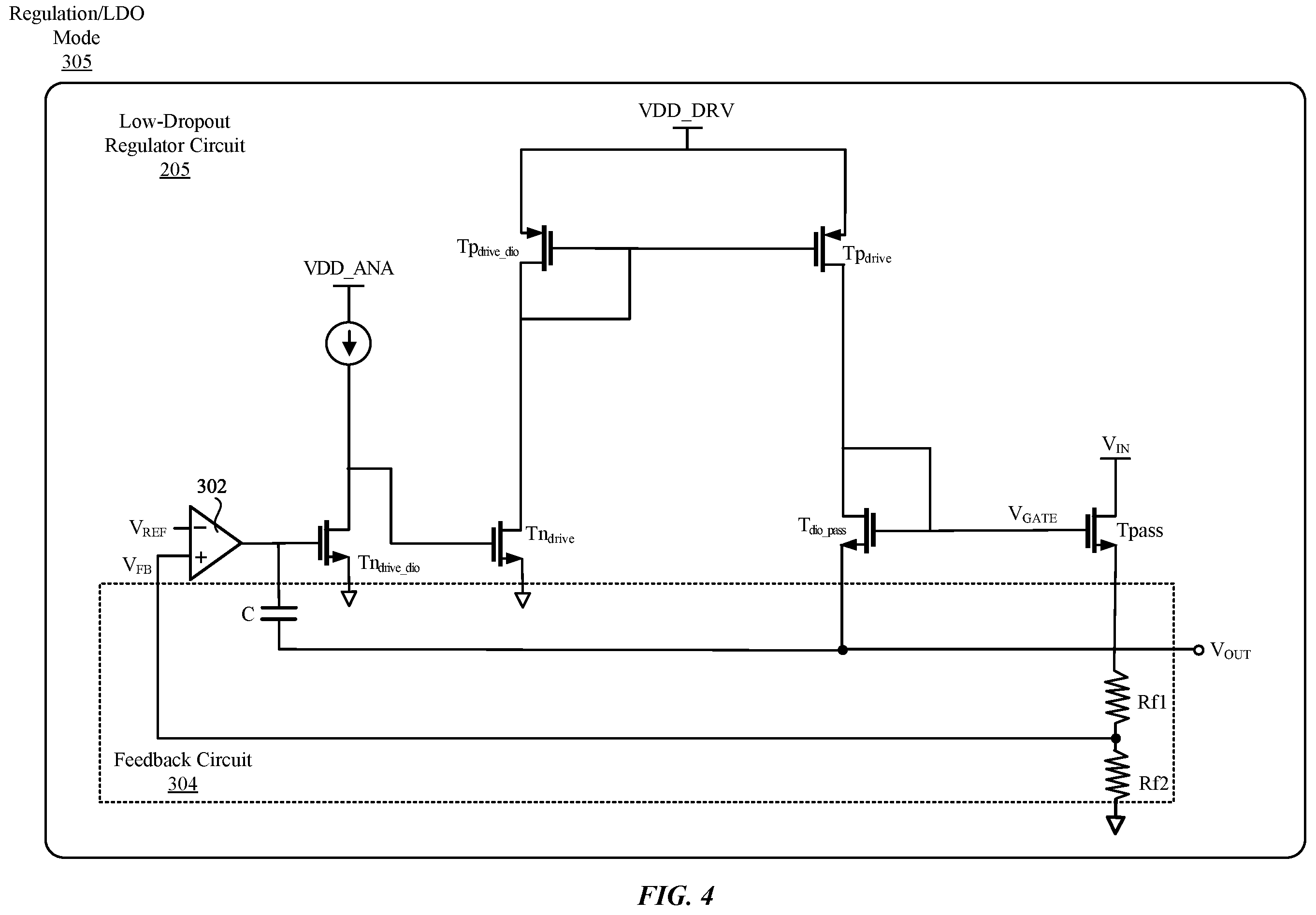 Patent US12353231 Figure 4 – Low-dropout regulator circuit with dynamic transition between operation modes