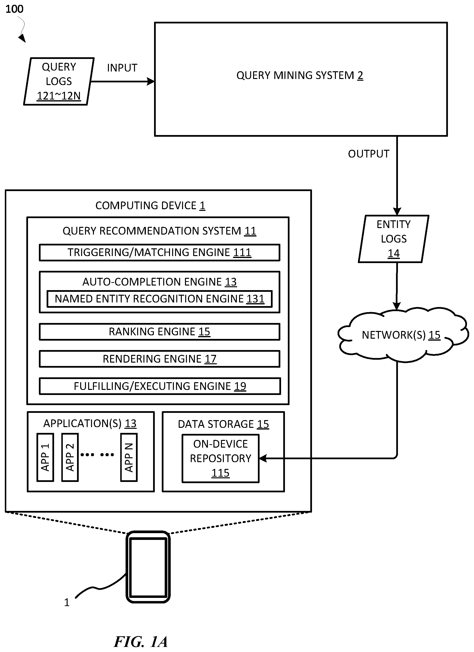 Patent US12353427 Figure 1 – Rendering suggestion for searching entity within application in response to determining the entity is associated with the application