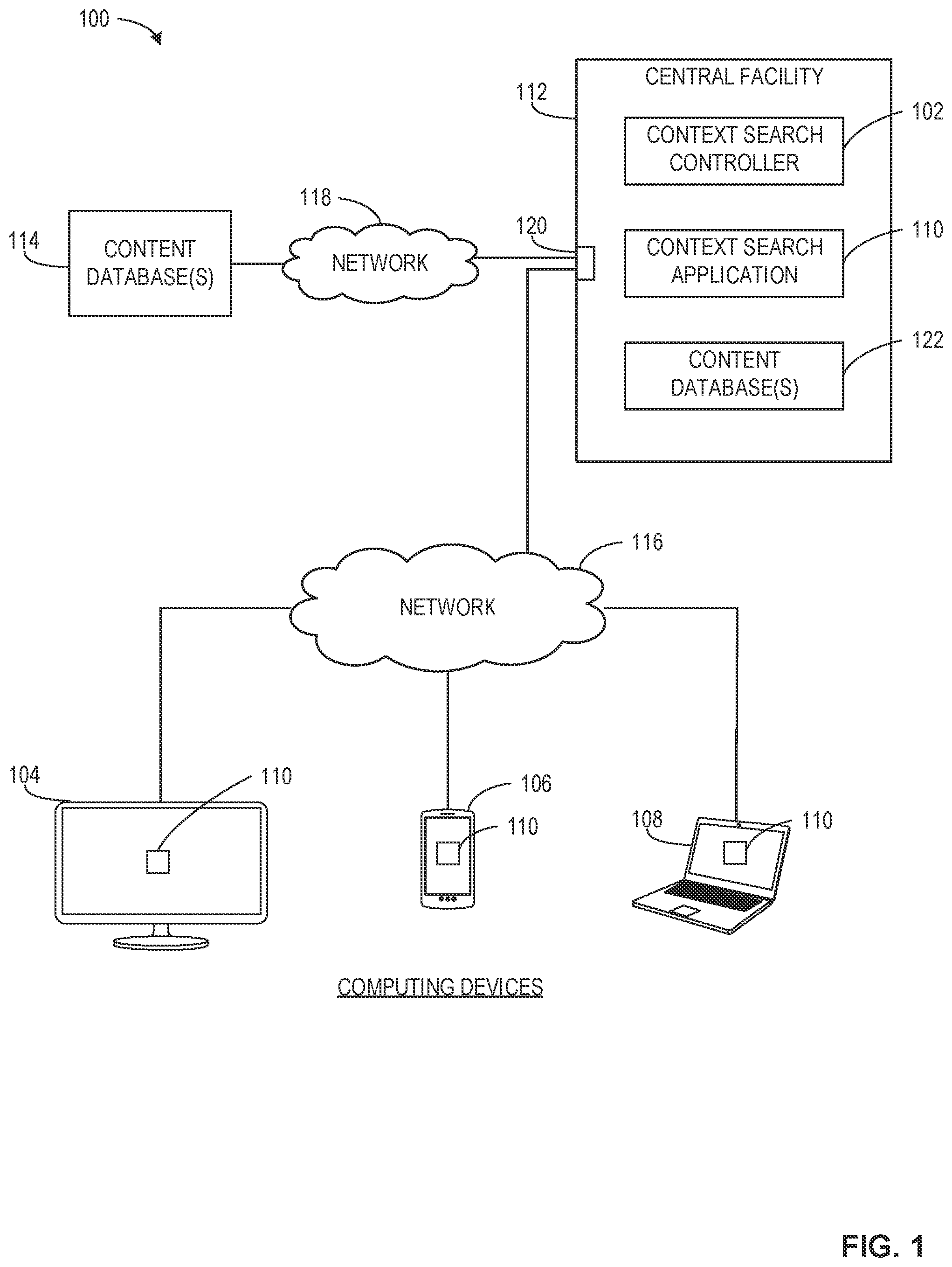 Patent US12353456 — Systems, methods, and apparatus for context-driven search — Figure 1