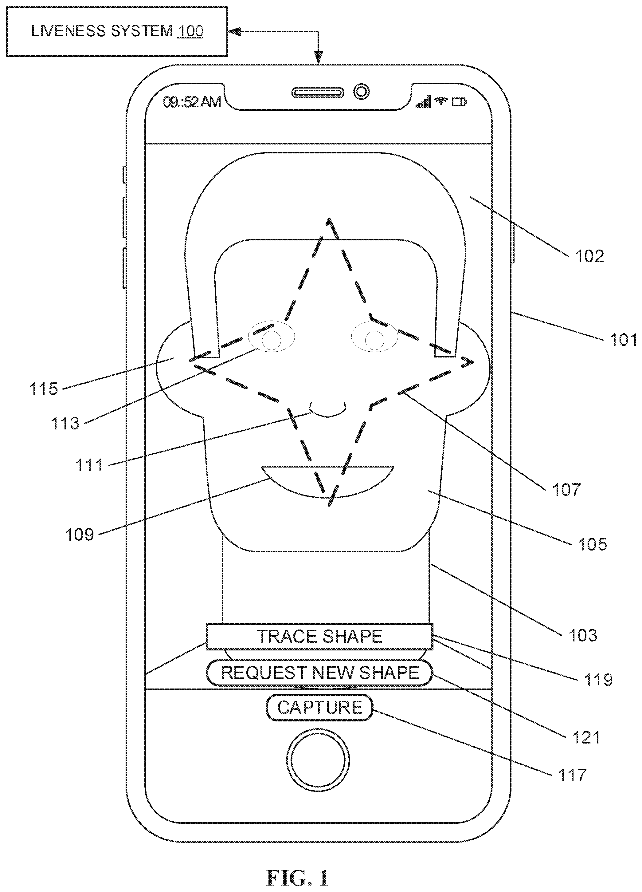 Patent US12353530 — Shape overlay for proof of liveness — Figure 1
