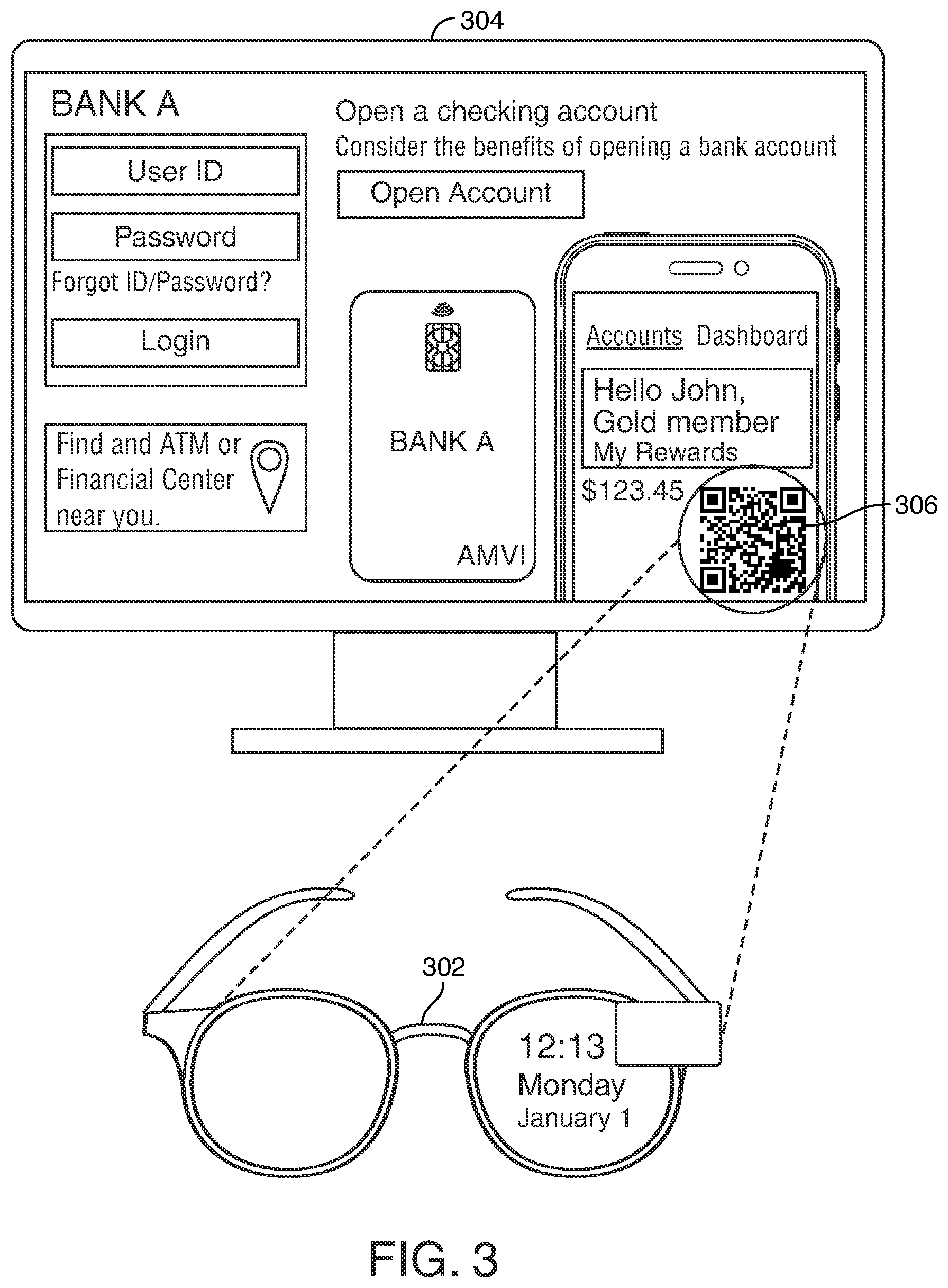 Patent US12353588 Figure 3 – Session transfer between pre-registered smart glasses and computer for maintaining a confidential data view