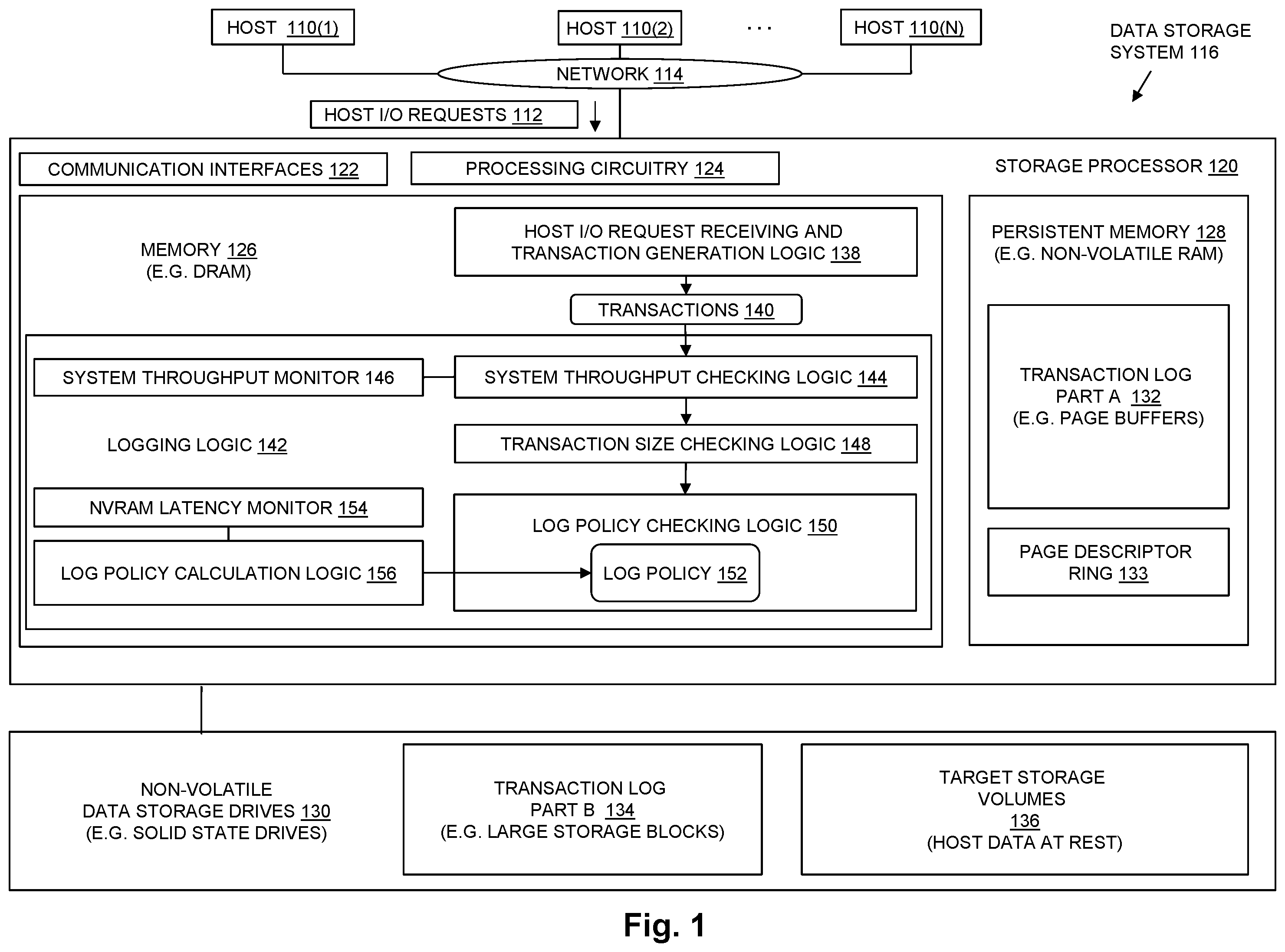 Patent US12353718 — Persistently storing a transaction log in a data storage system based on a log policy — Figure 1