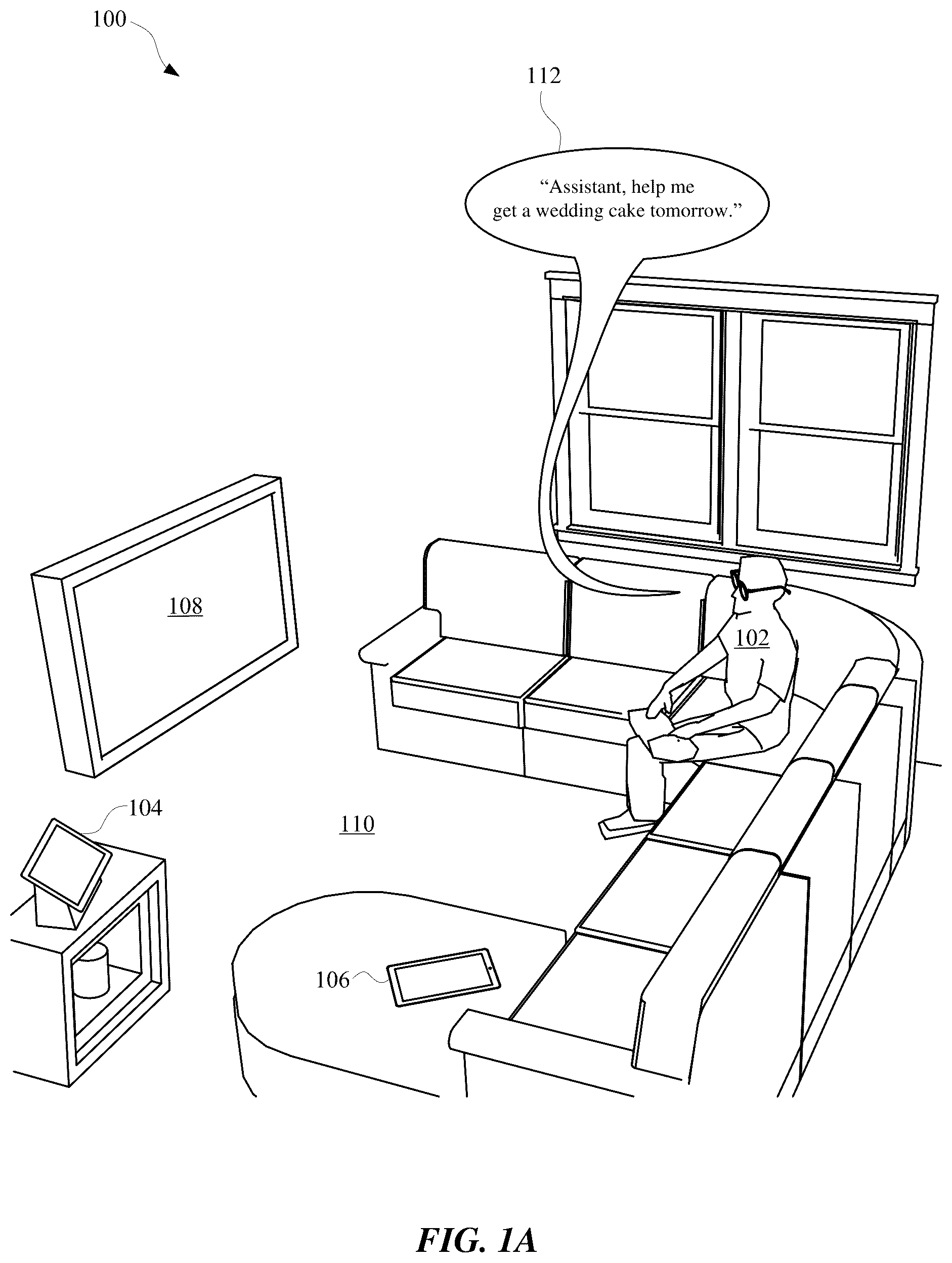 Patent US12353795 Figure 1 – Assistant adaptation of graphical user interface to guide interaction with user in fulfilling user request