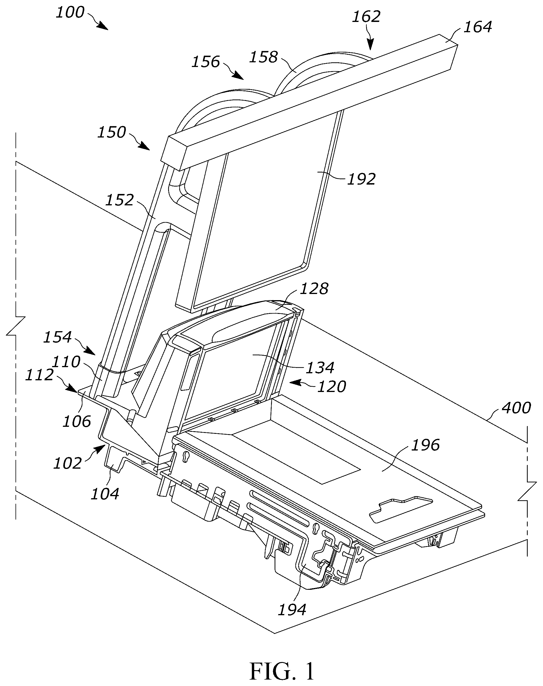 Patent US12353951 — Bioptic indicia reader assembly with an accessory structure having a crossbar over the bioptic indicia reader — Figure 1