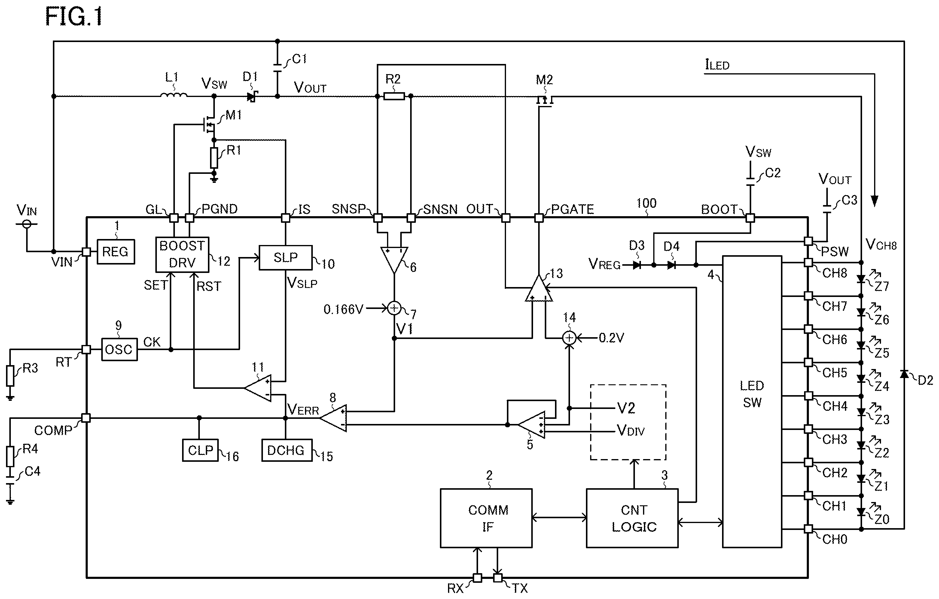 Patent US12356525 — Semiconductor integrated circuit for driving light emitting element, light emitting element driving device, light emitting device, and vehicle — Figure 1