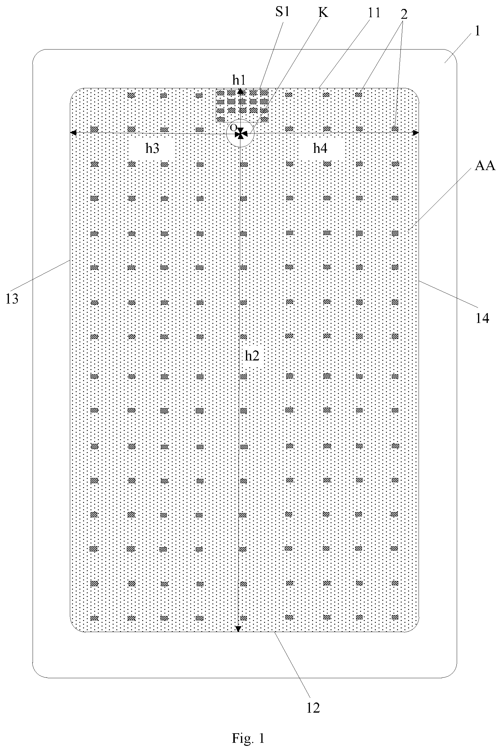 Patent US12356835 — Display panel with a through hole and display regions having different distribution densities of spacers, and display apparatus — Figure 1