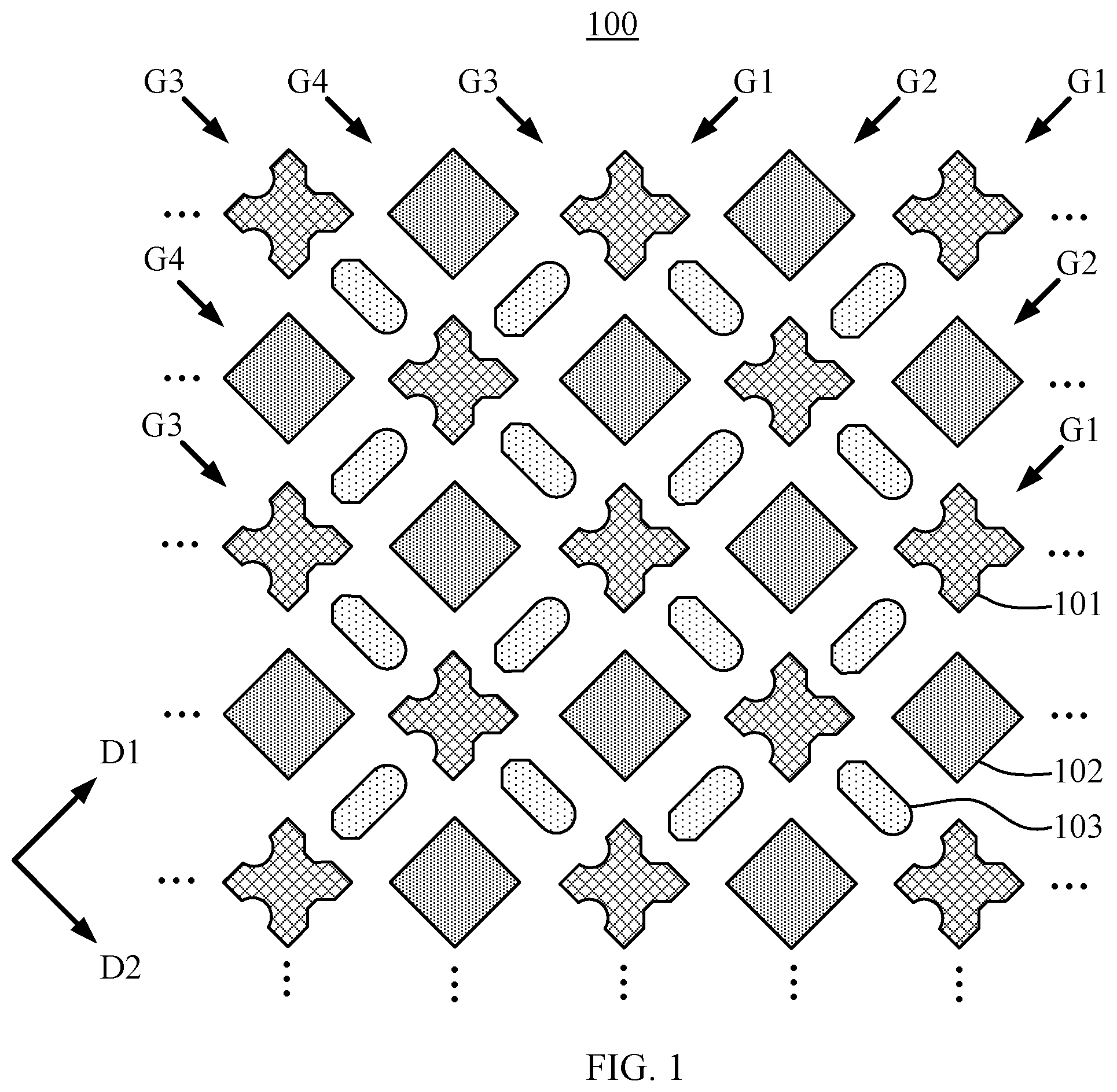Patent US12359301 — Pixel arrangement, manufacturing method thereof, display panel, display device and mask — Figure 1