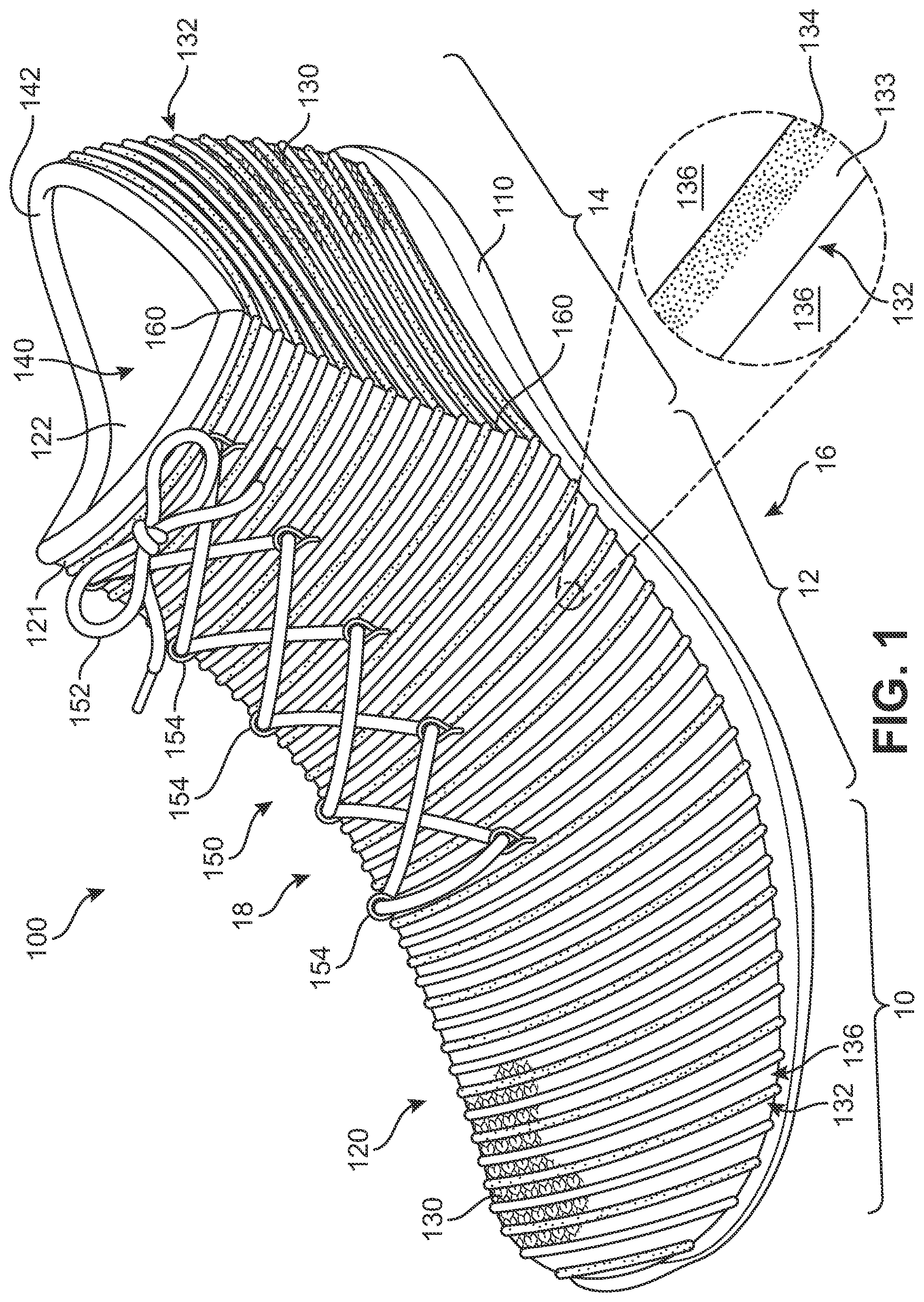 Patent US12359352 Figure 1 – Knitted components exhibiting color shifting effects