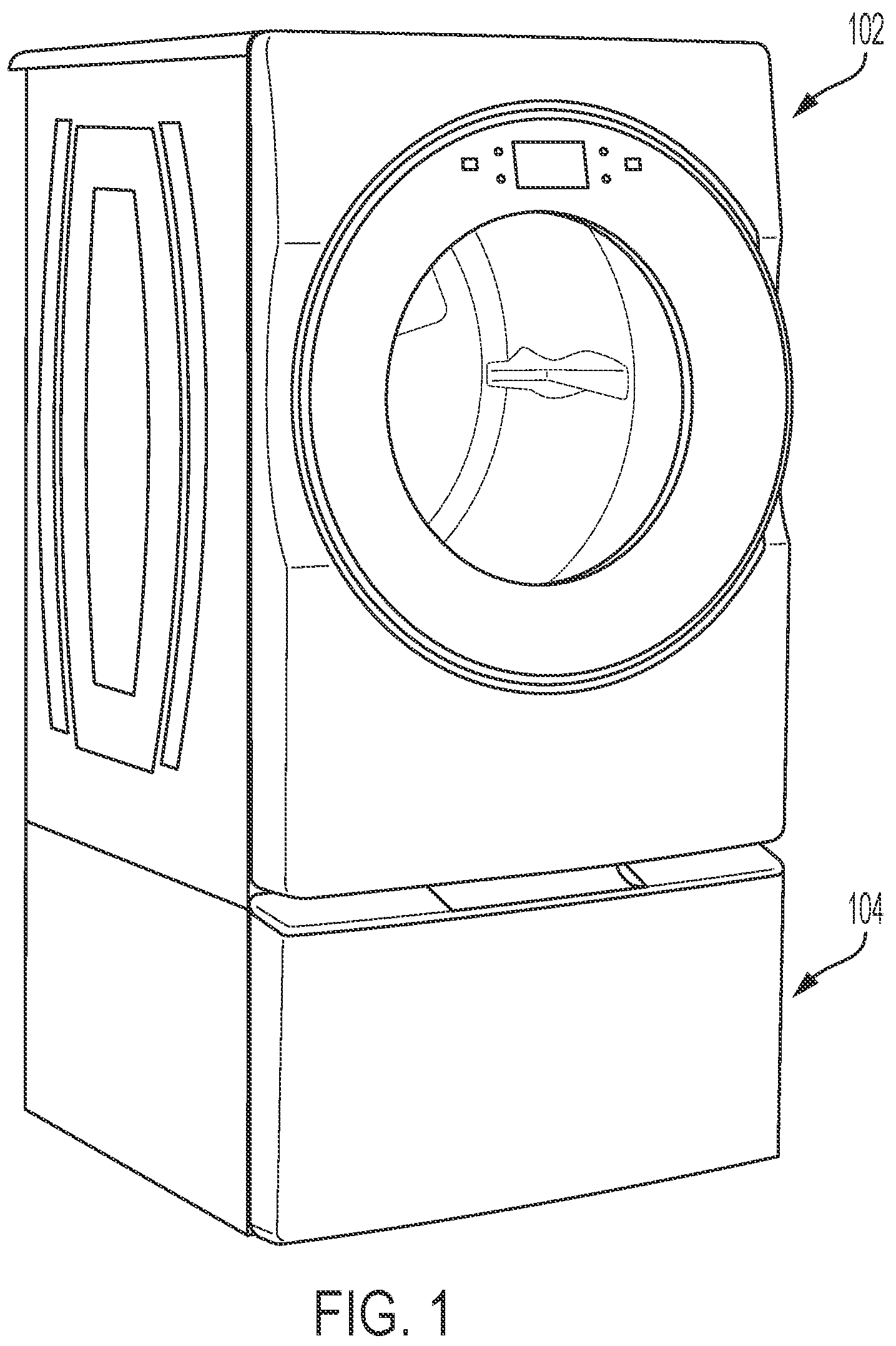 Patent US12359362 Figure 1 – Pedestal assemblies for laundry appliances