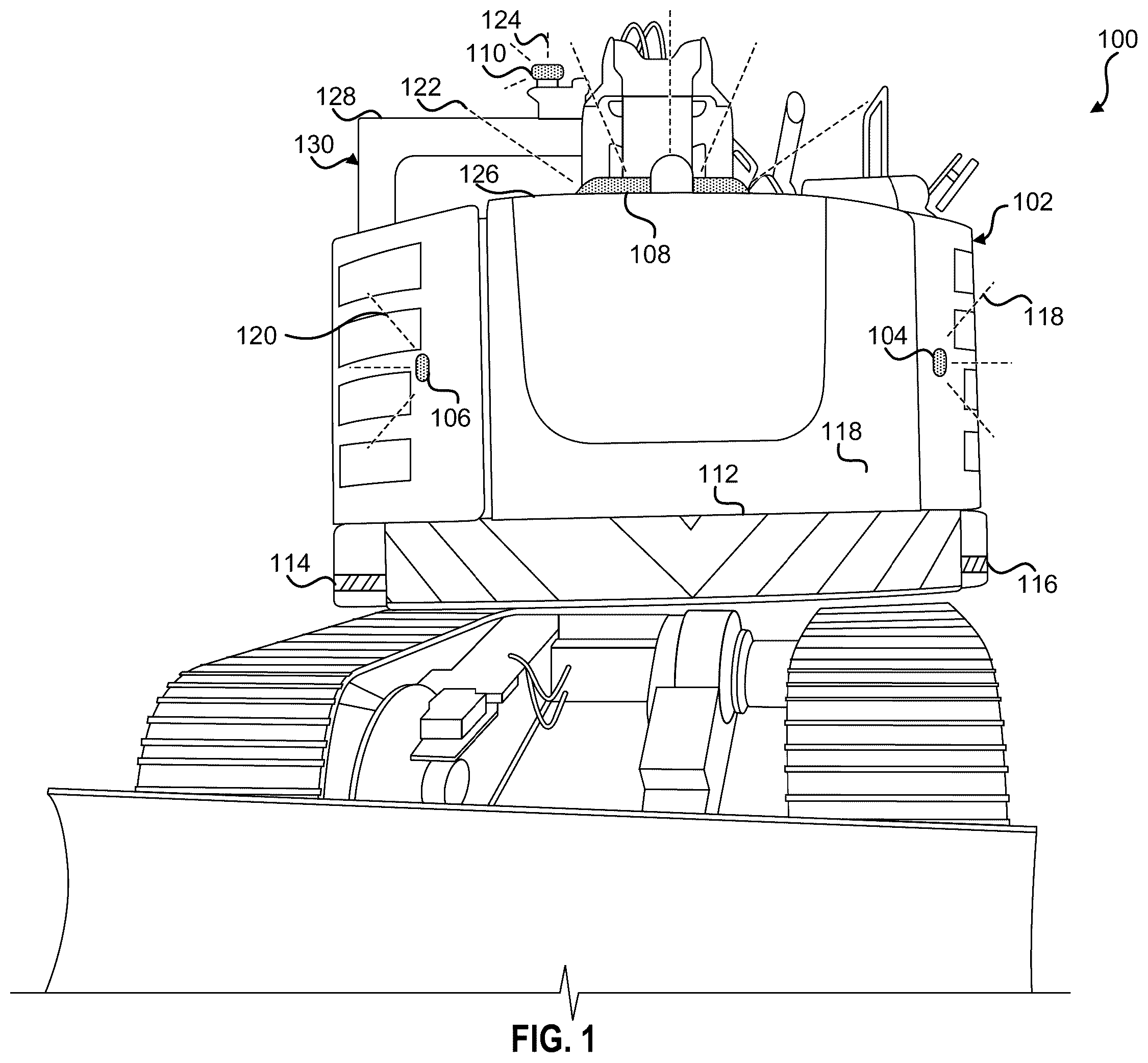 Patent US12359403 — Systems, methods, and controllers to enhance heavy equipment warning — Figure 1
