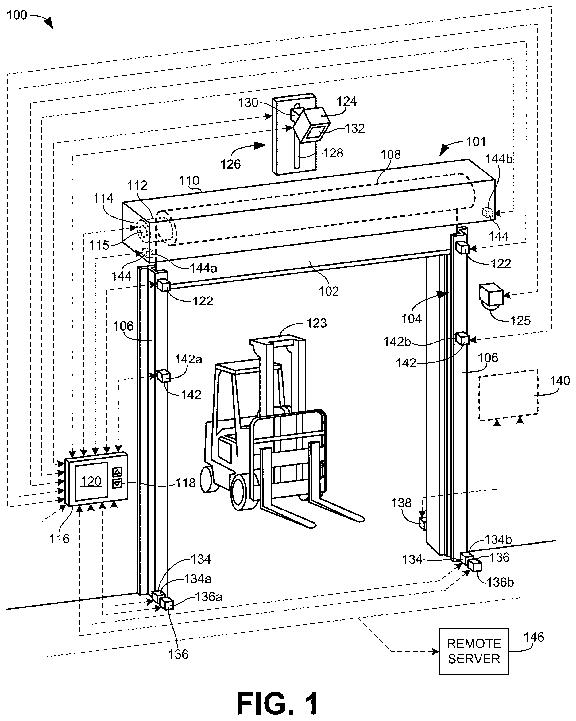 Patent US12359493 — Methods and apparatus to monitor and/or adjust operations of doors — Figure 1