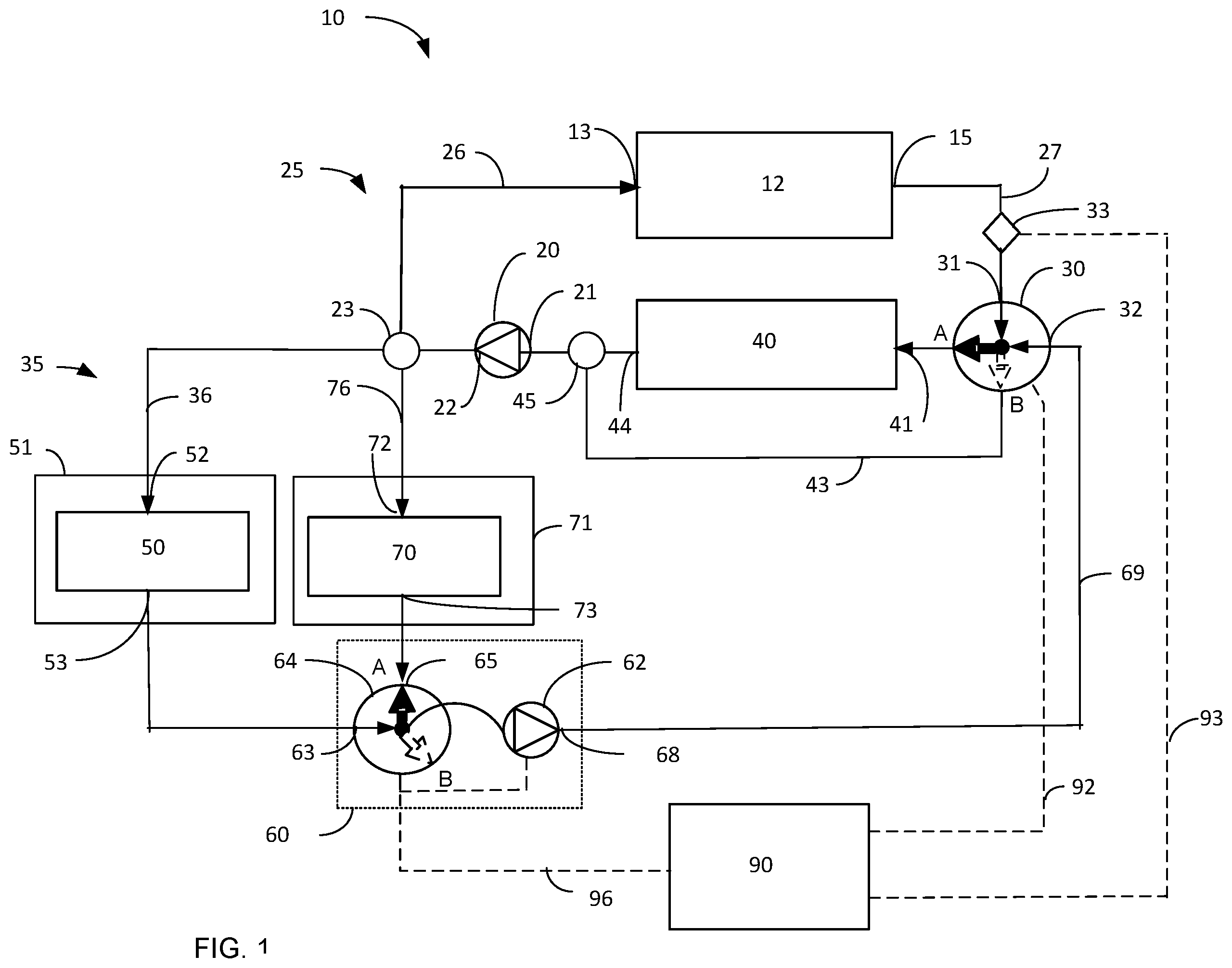Patent US12359606 — Flow scheme with pump and switch — Figure 1