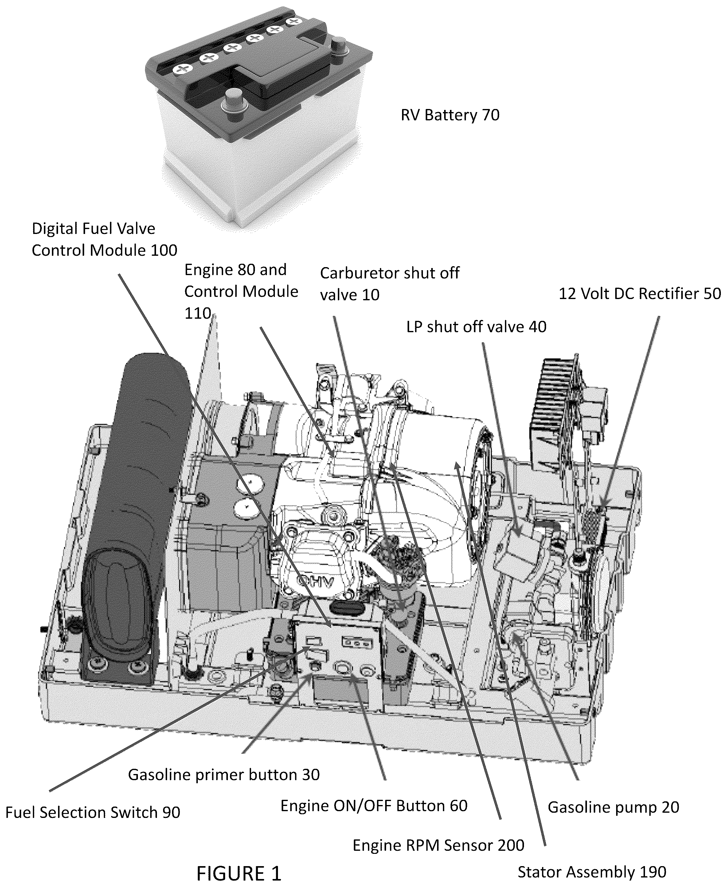 Patent US12359630 — Dual fuel system with electric battery for power generation — Figure 1