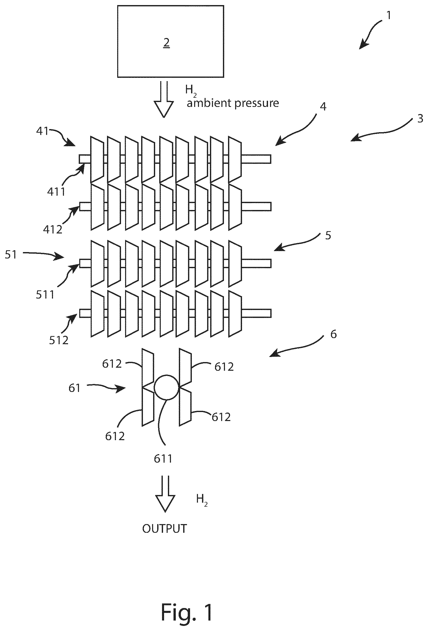 Patent US12359671 — Hydrogen compressing assembly, hydrogen production plant, and compressing method — Figure 1