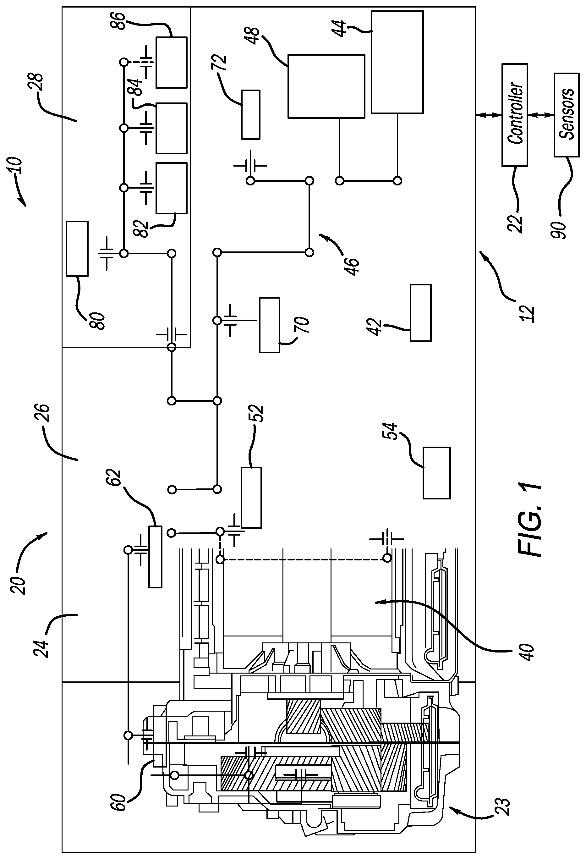Patent US12359716 — Electric drive module dual sump arrangement for oil management — Figure 1