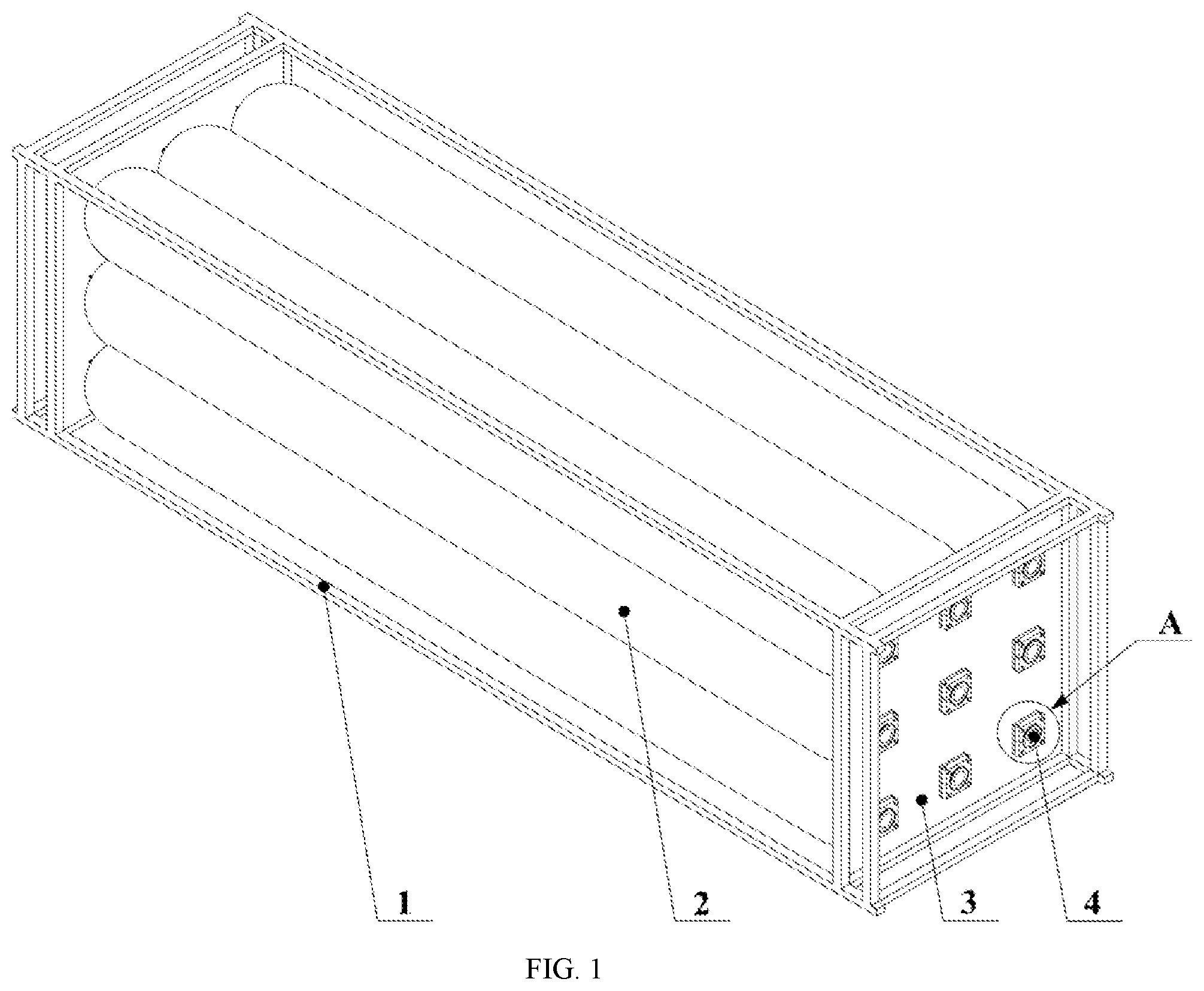 Patent US12359774 Figure 1 – Flexible connection device of hydrogen high- pressure type iv cylinder and a container frame