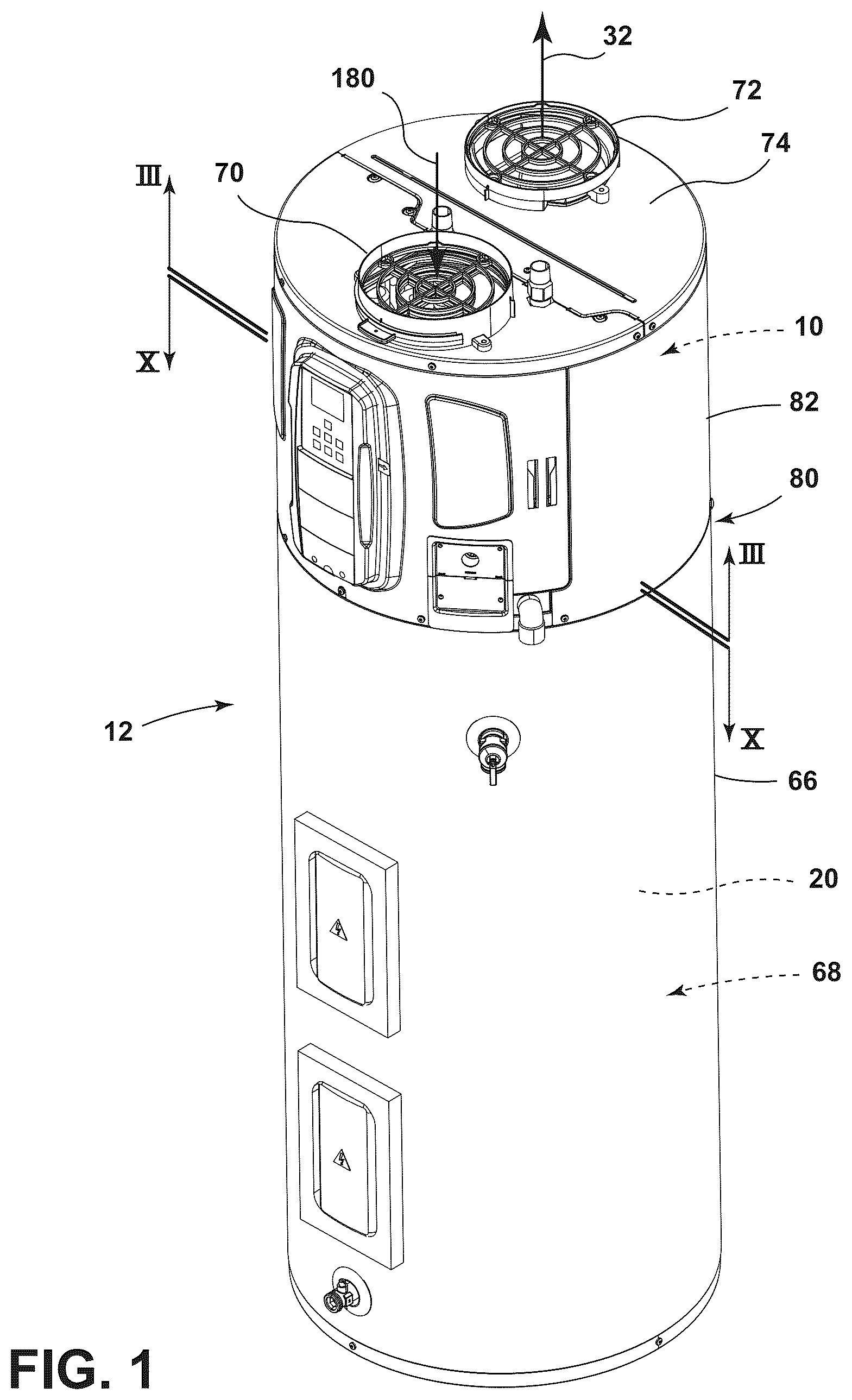 Patent US12359845 — Air funnel for a heat pump system of a water heater — Figure 1