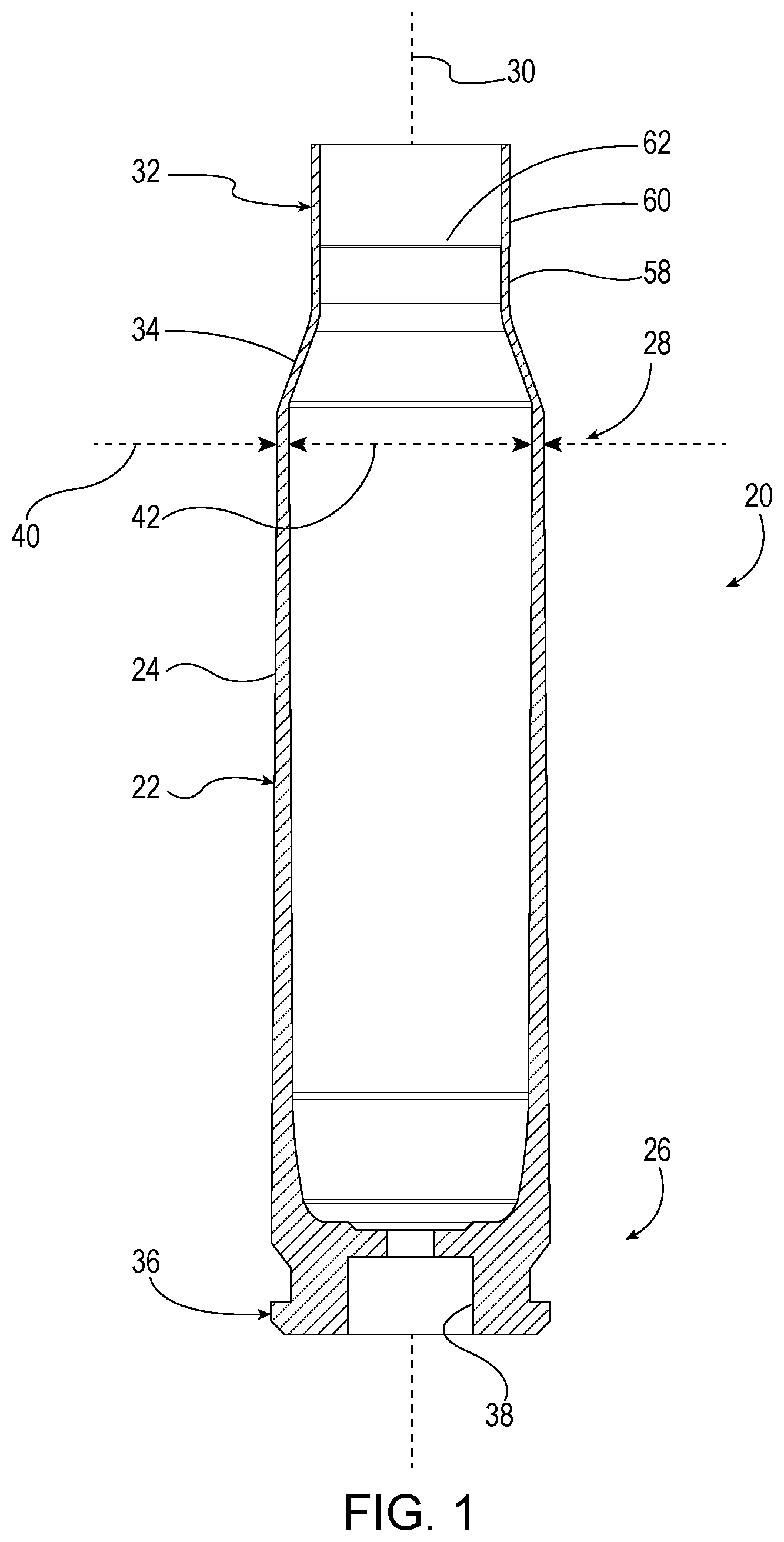 Patent US12359899 Figure 1 – Reduced tension cartridge case with two-stage neck