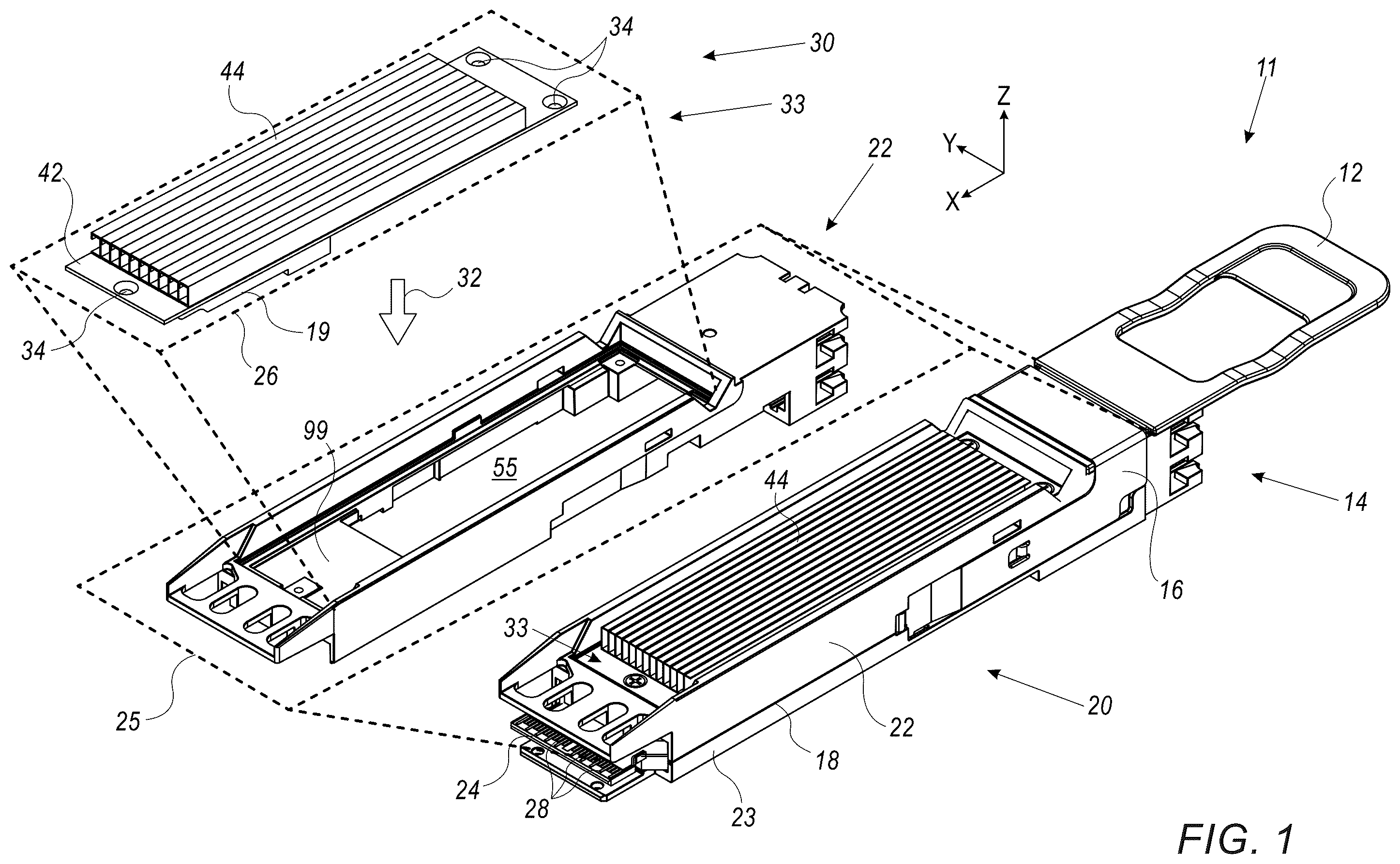 Patent US12360323 Figure 1 – Mechanical thermal interface for improved heat dissipation in network transceivers