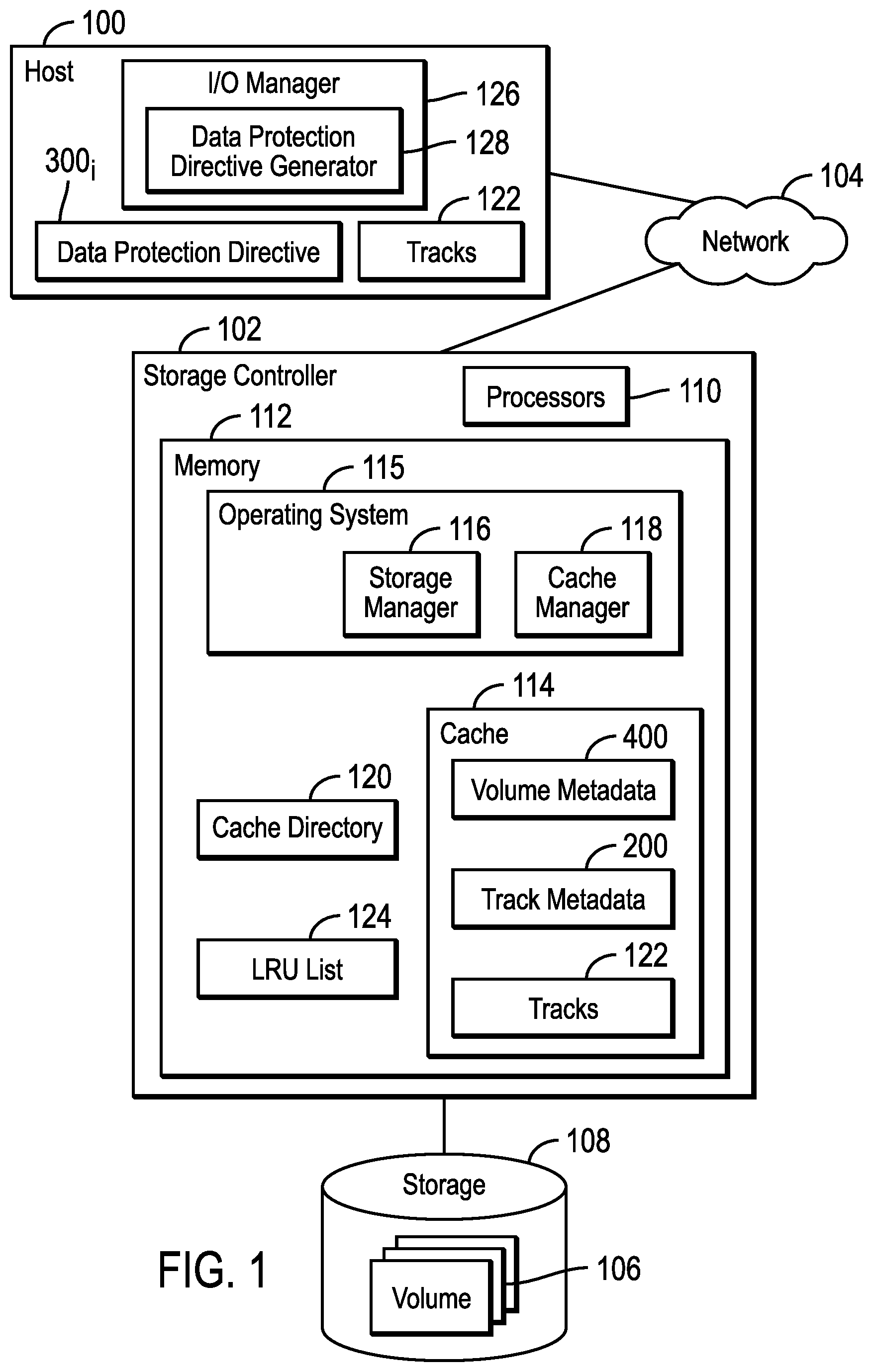 Patent US12360685 — Generating data protection directives to provide to a storage controller to control access to data in cache — Figure 1