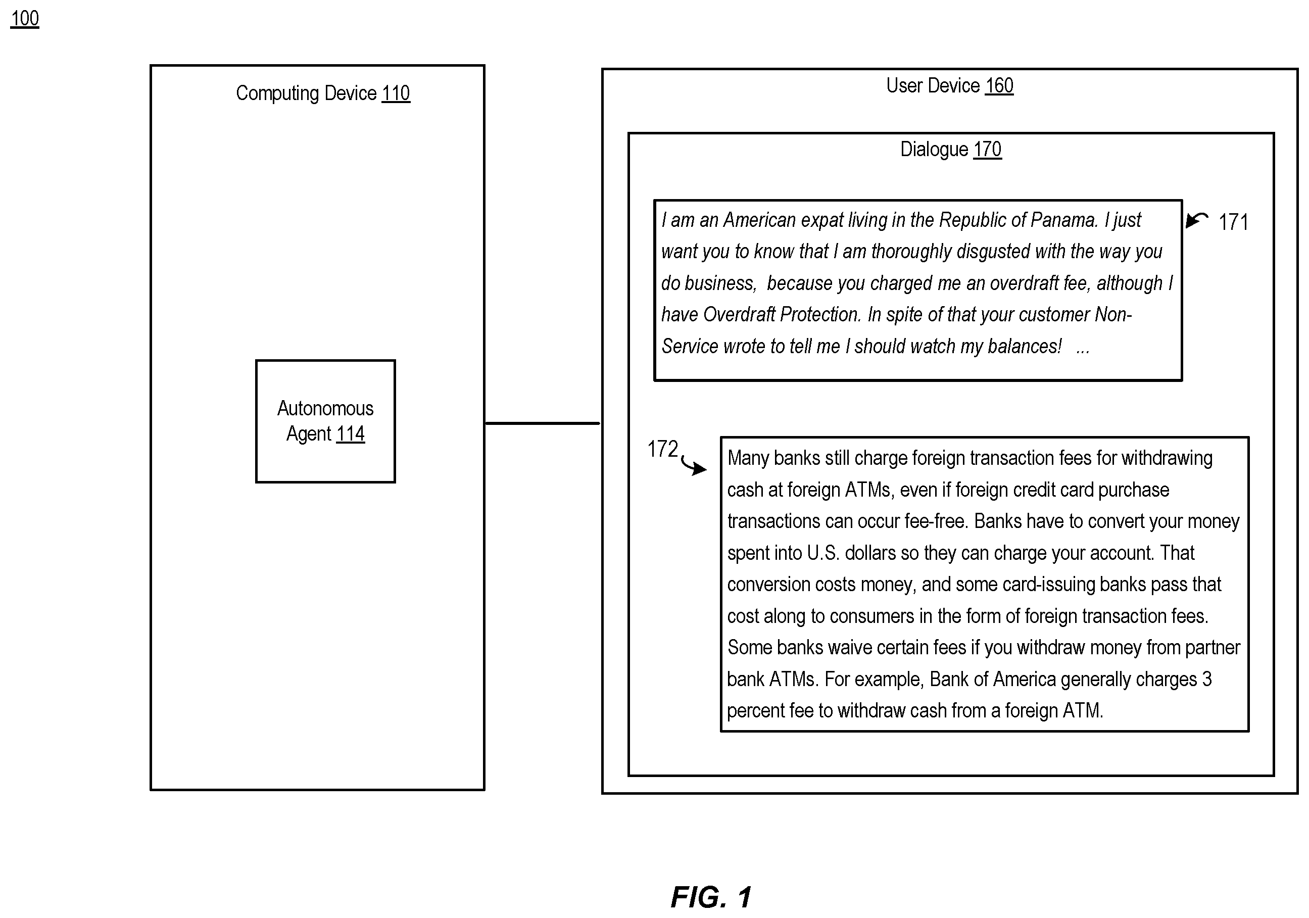 Patent US12361223 — Chatbot providing a defeating reply — Figure 1