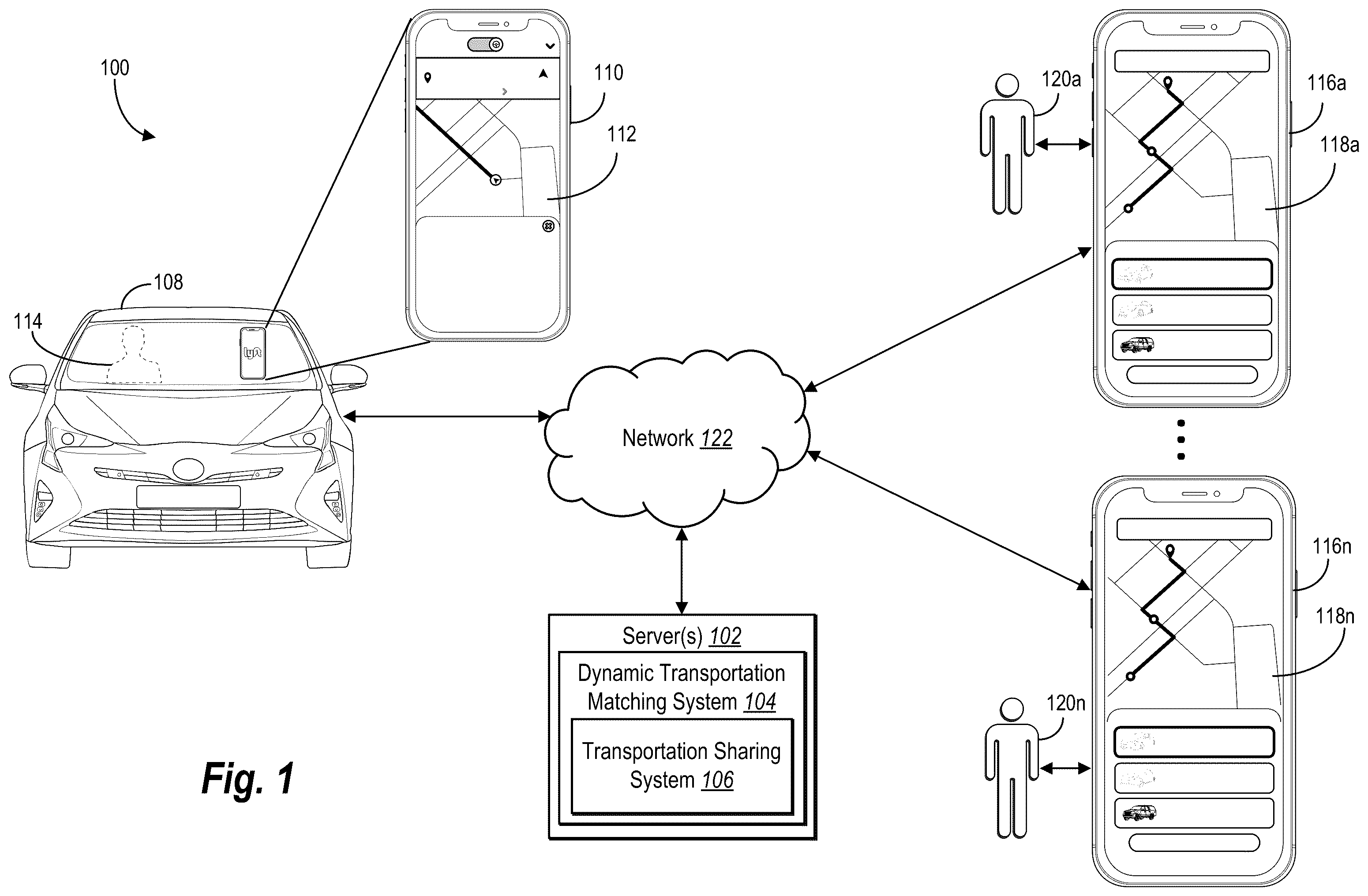 Patent US12361336 Figure 1 – Providing ephemeral-transportation options in real time for sharing active transportations