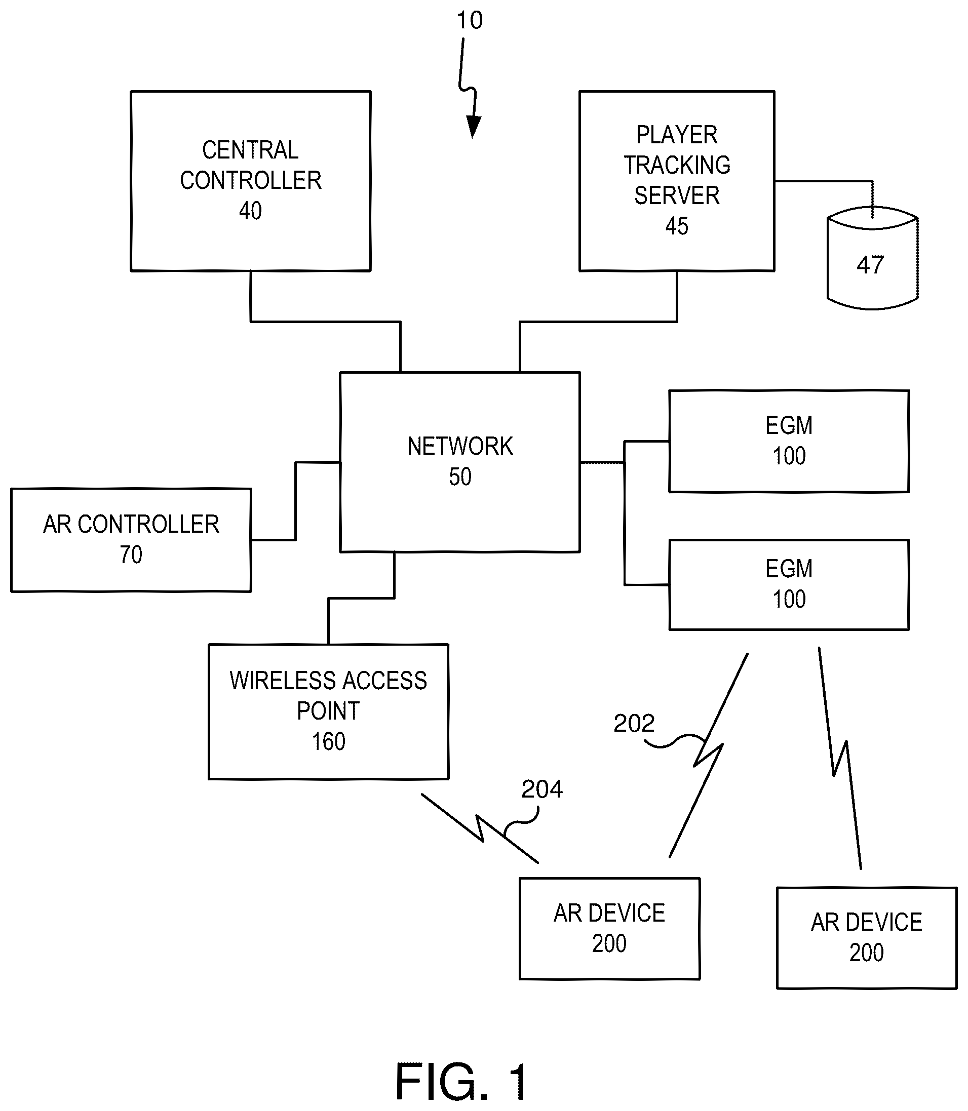 Patent US12361782 Figure 1 – Augmented reality integration in electronic gaming machines