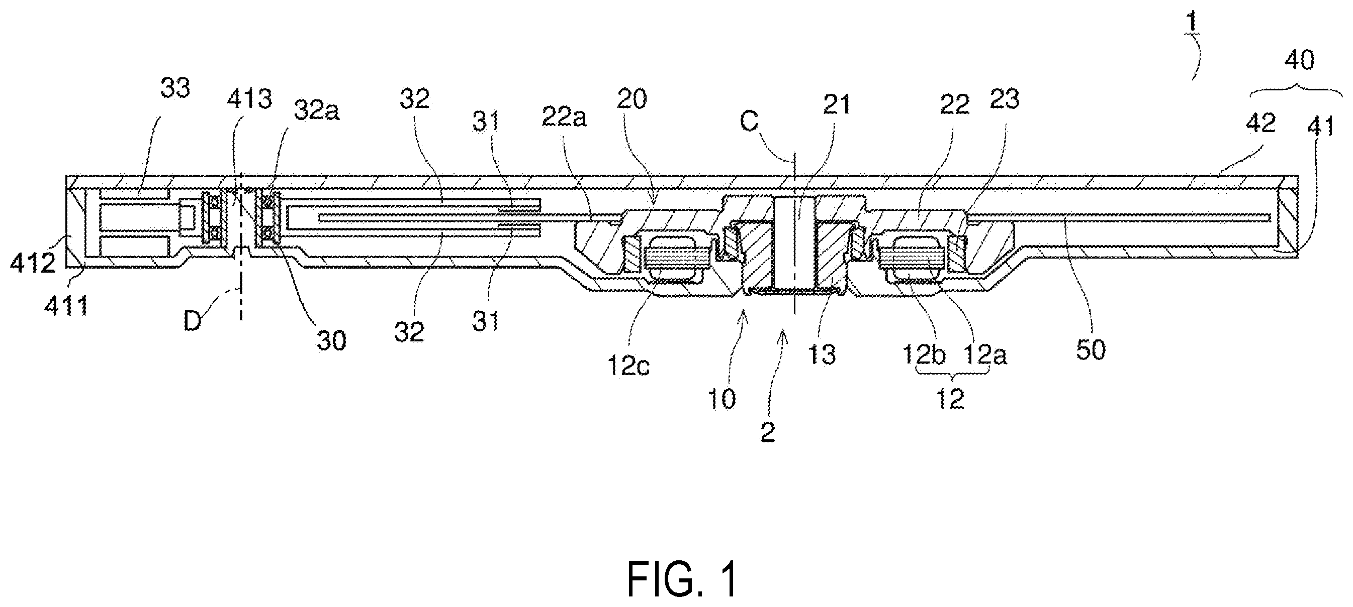 Patent US12361976 — Base plate with metal member embedded in the peripheral wall part, motor, and disk driving device having the same — Figure 1