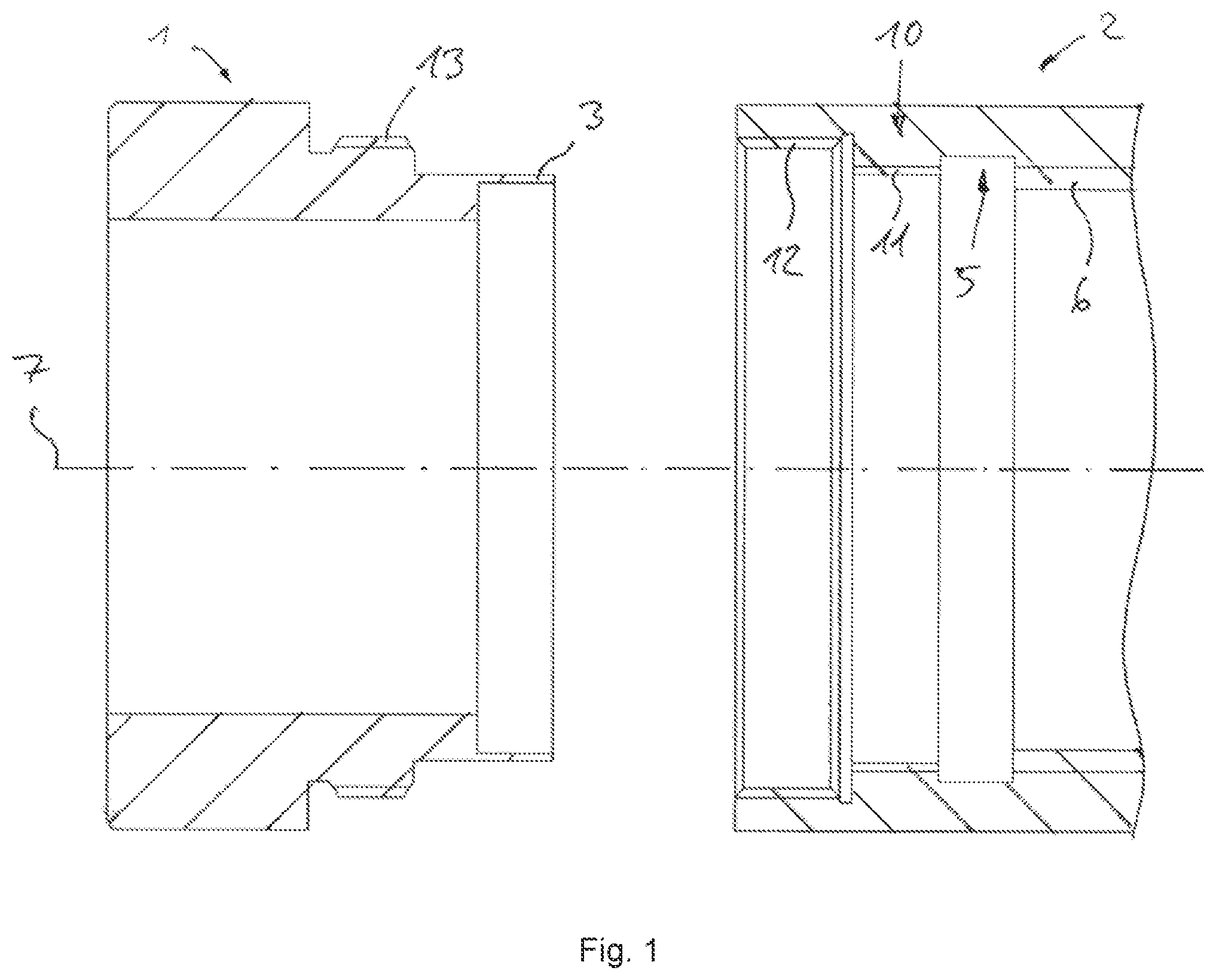 Patent US12365021 Figure 1 – Method for connecting two components, in particular a motor to a gearbox, and assembly with a connection between motor and gearbox