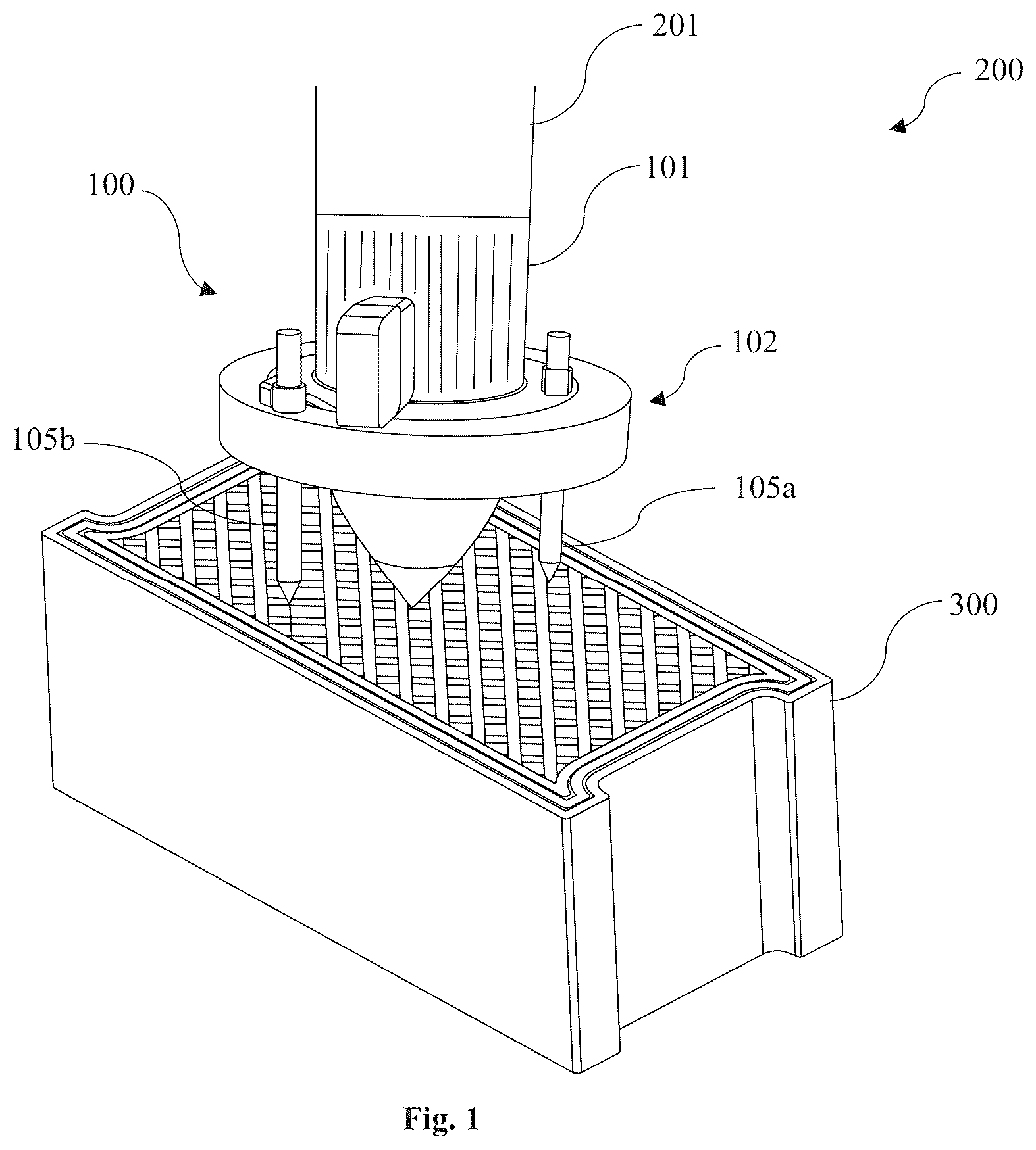 Patent US12365135 — Device connectable to an additive manufacturing system, an additive manufacturing system and a method of producing a construction element — Figure 1