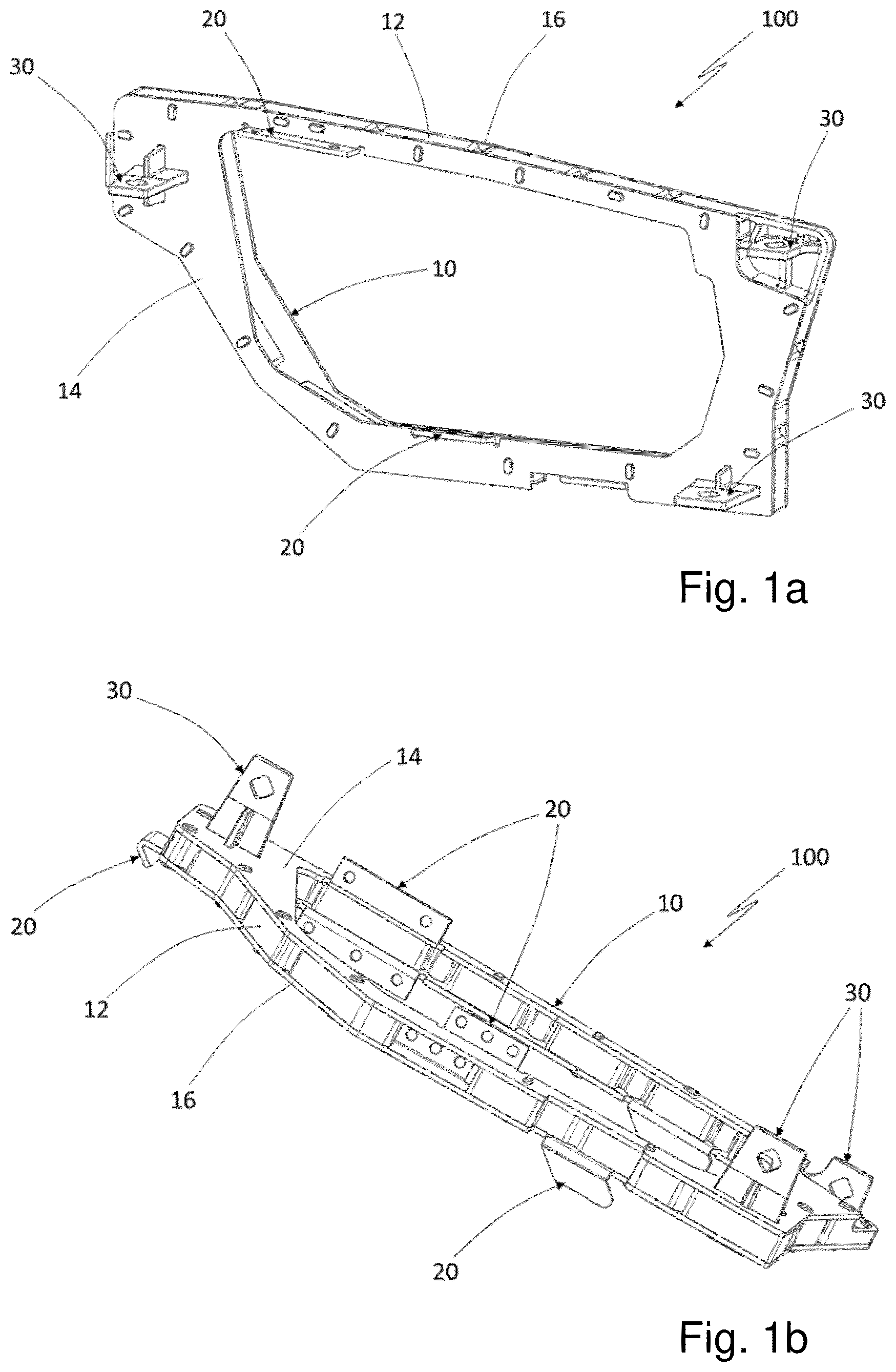 Patent US12365282 — Support for a component in the front or in the rear of a motor vehicle, lighting device, and unit for a motor vehicle, and method for manufacturing the support — Figure 1