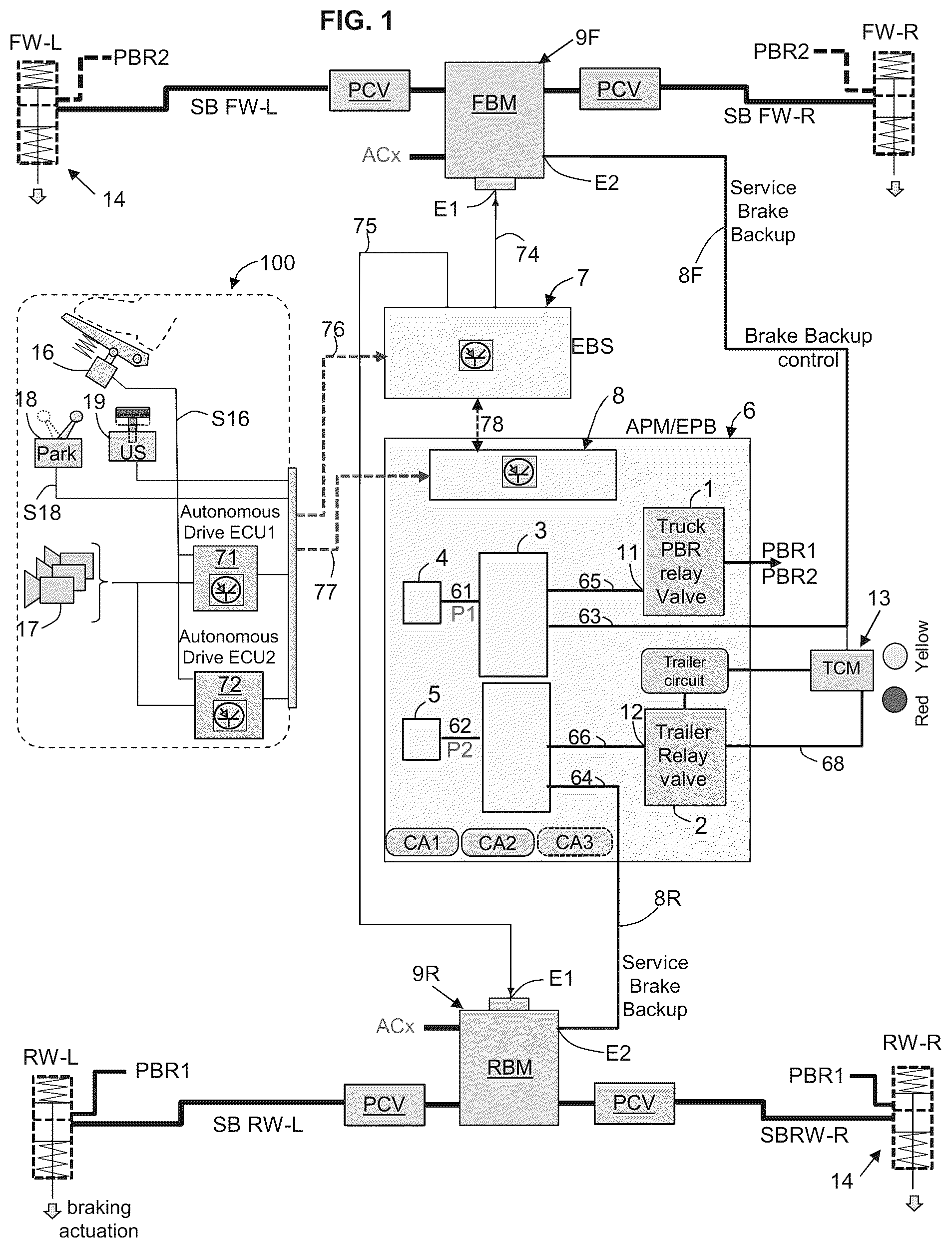 Patent US12365323 — Heavy duty vehicle redundant braking system — Figure 1