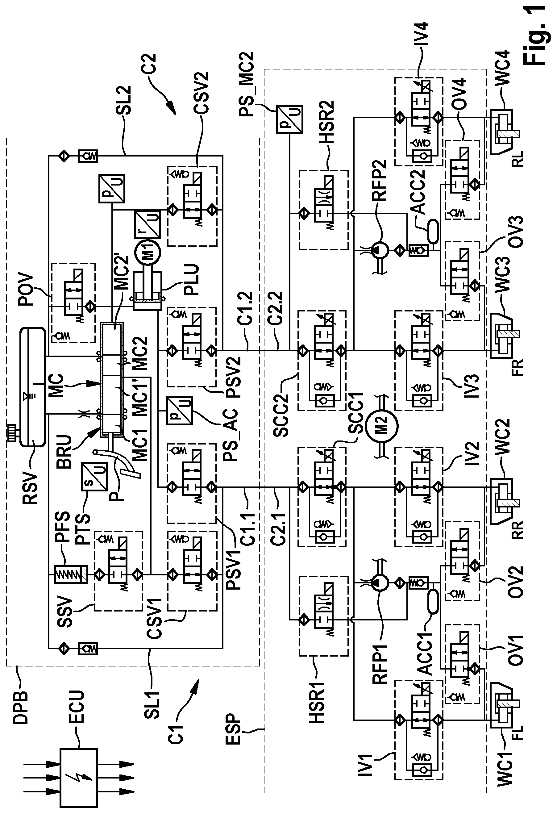 Patent US12365326 — Method for checking intended pressure medium-conducting contacting of circuit branches, associated with one another, of separate brake circuits of an electronically slip-controllable power brake system with two actuator units, contacted for conducting pressure medium, for generating and controlling brake pressure, in particular for a motor vehicle — Figure 1