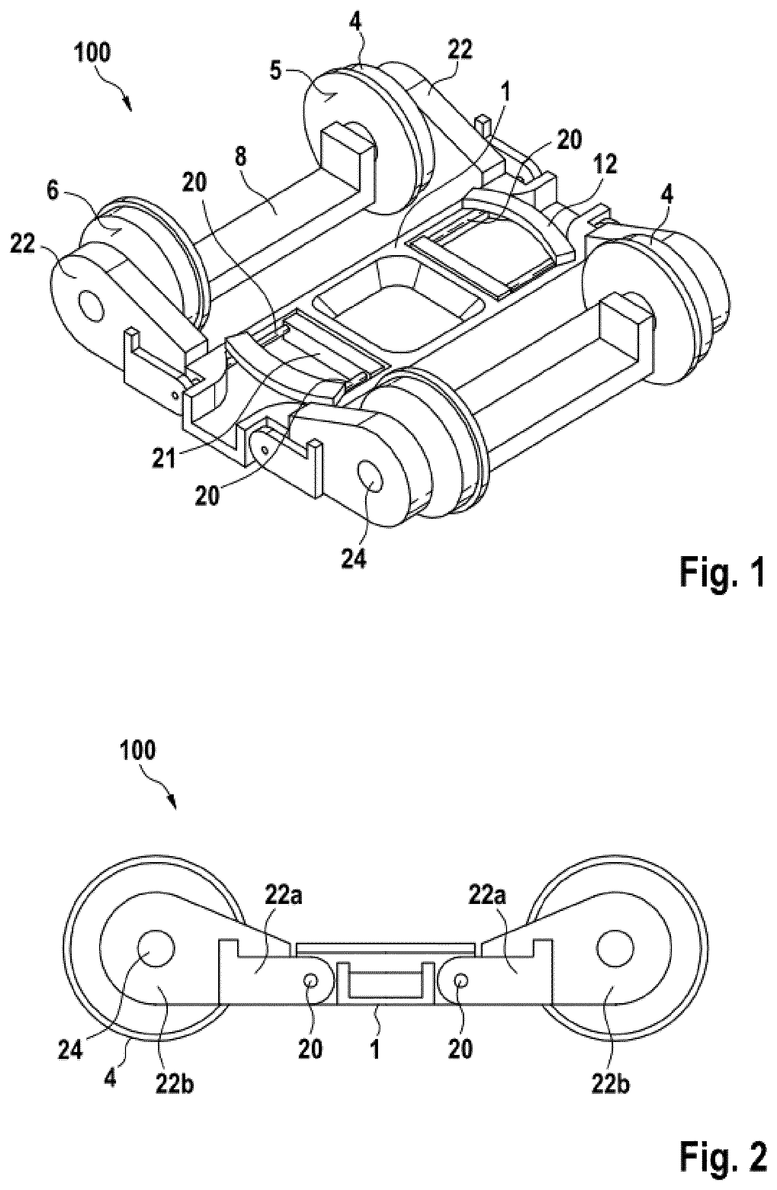 Patent US12365368 — Bogie for a rail vehicle and rail vehicle carriage having at least one bogie, rail vehicle having at least one rail vehicle carriage, and method for adjusting the height of a carriage body of a rail vehicle carriage — Figure 1