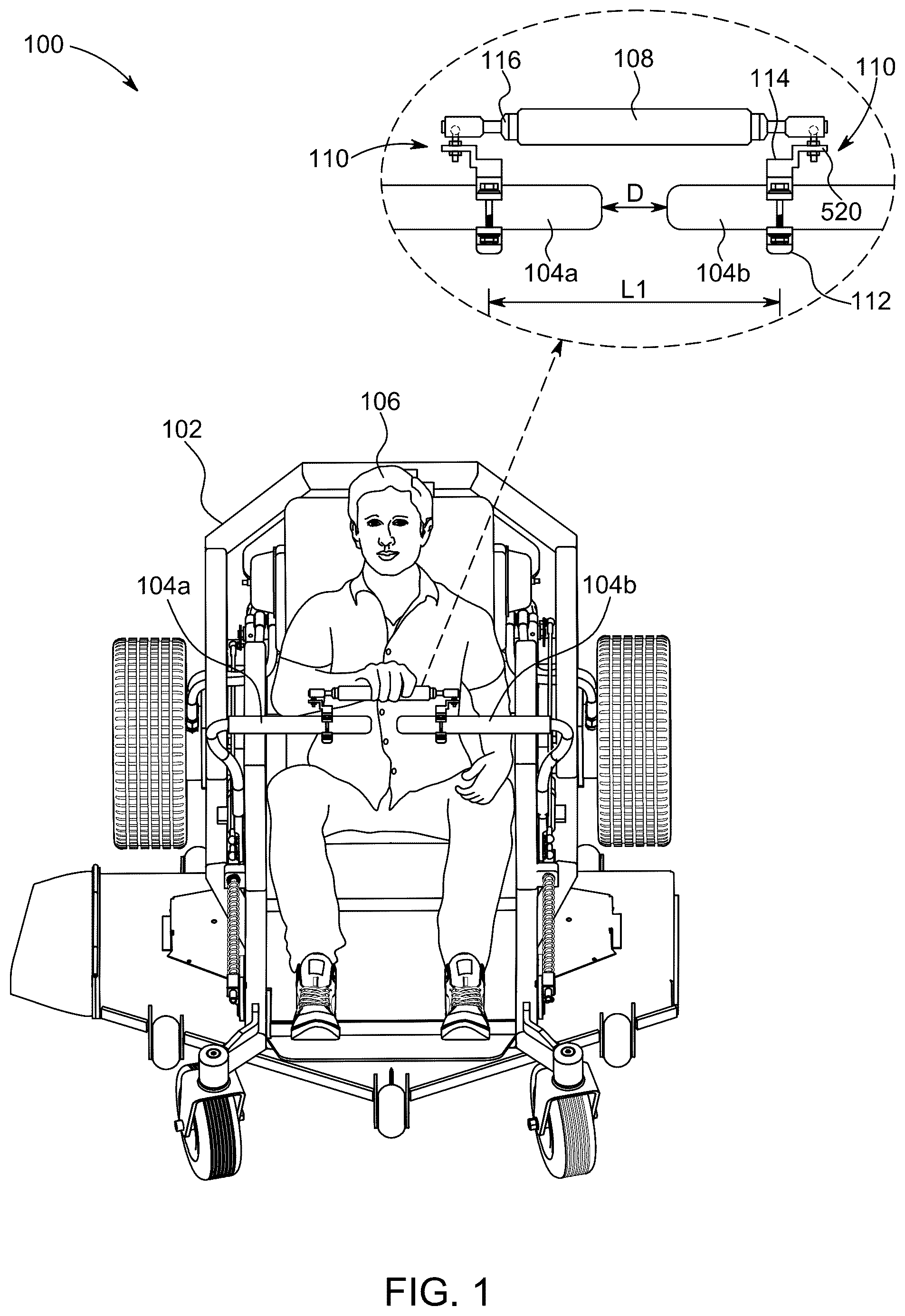 Patent US12365381 — Bracket system for a steering shaft of a zero-turn mower — Figure 1