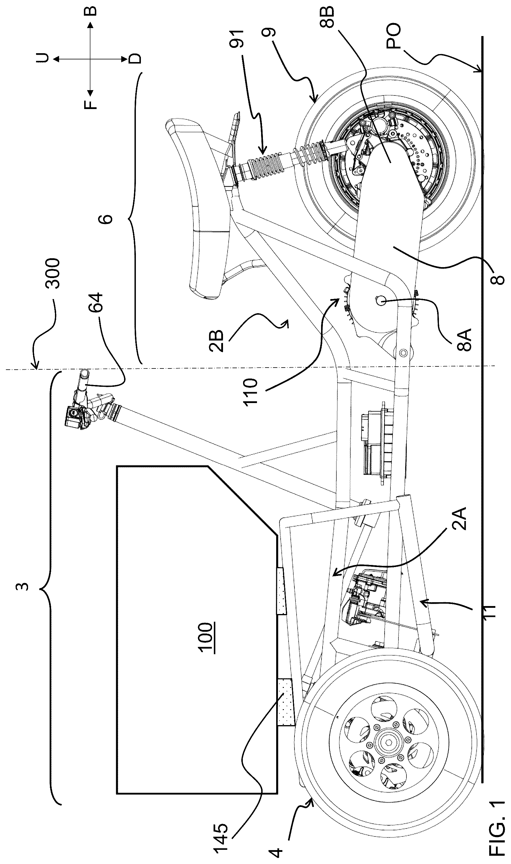 Patent US12365413 — Saddle riding rolling vehicle with loading surface integral with the lower cross member and housed between the front steered wheels — Figure 1