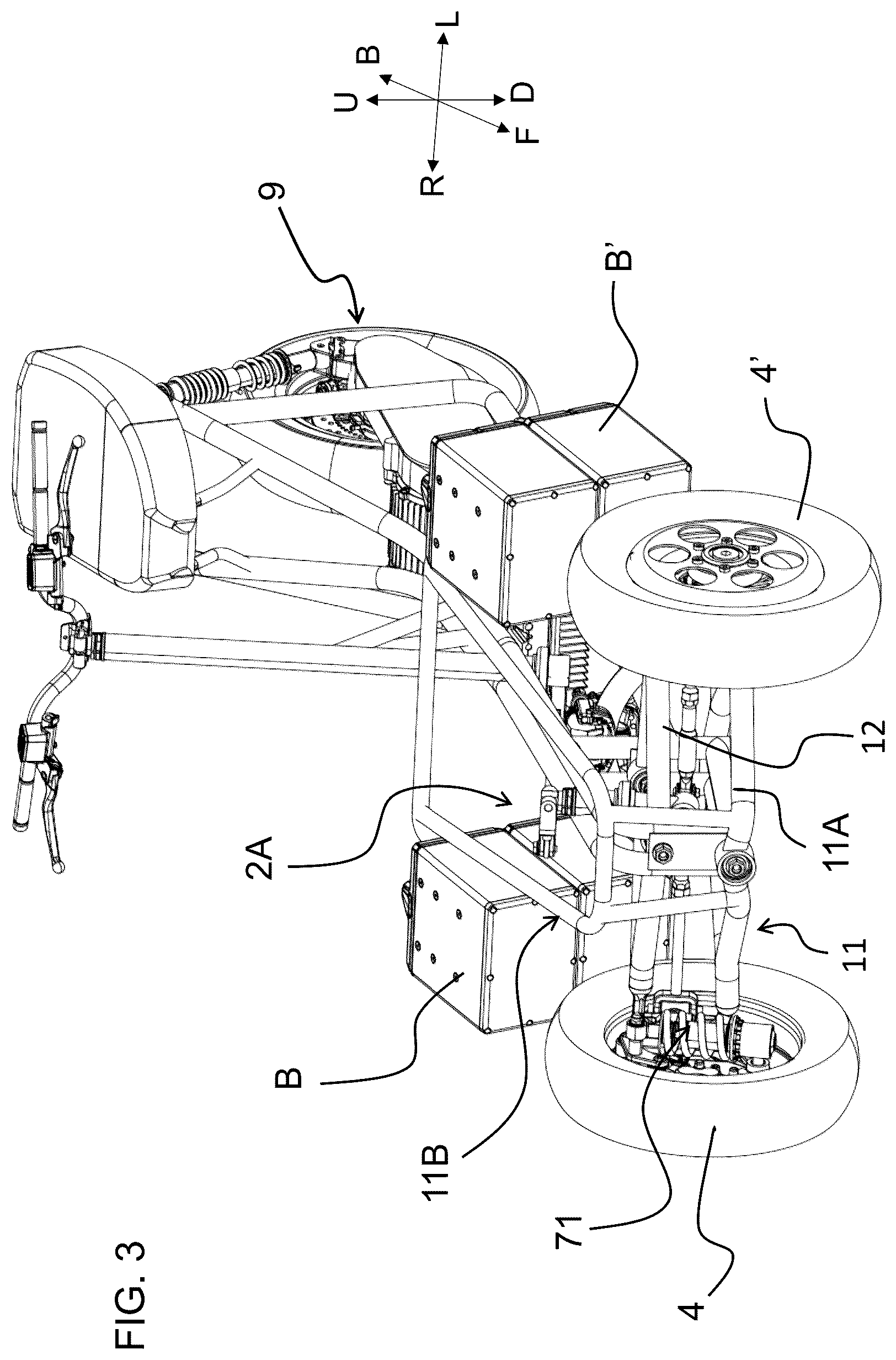Patent US12365413 Figure 3 – Saddle riding rolling vehicle with loading surface integral with the lower cross member and housed between the front steered wheels