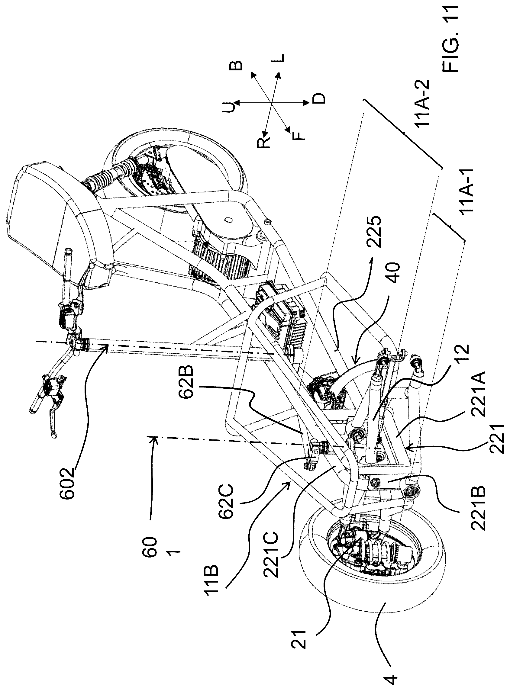 Patent US12365413 Figure 15 – Saddle riding rolling vehicle with loading surface integral with the lower cross member and housed between the front steered wheels