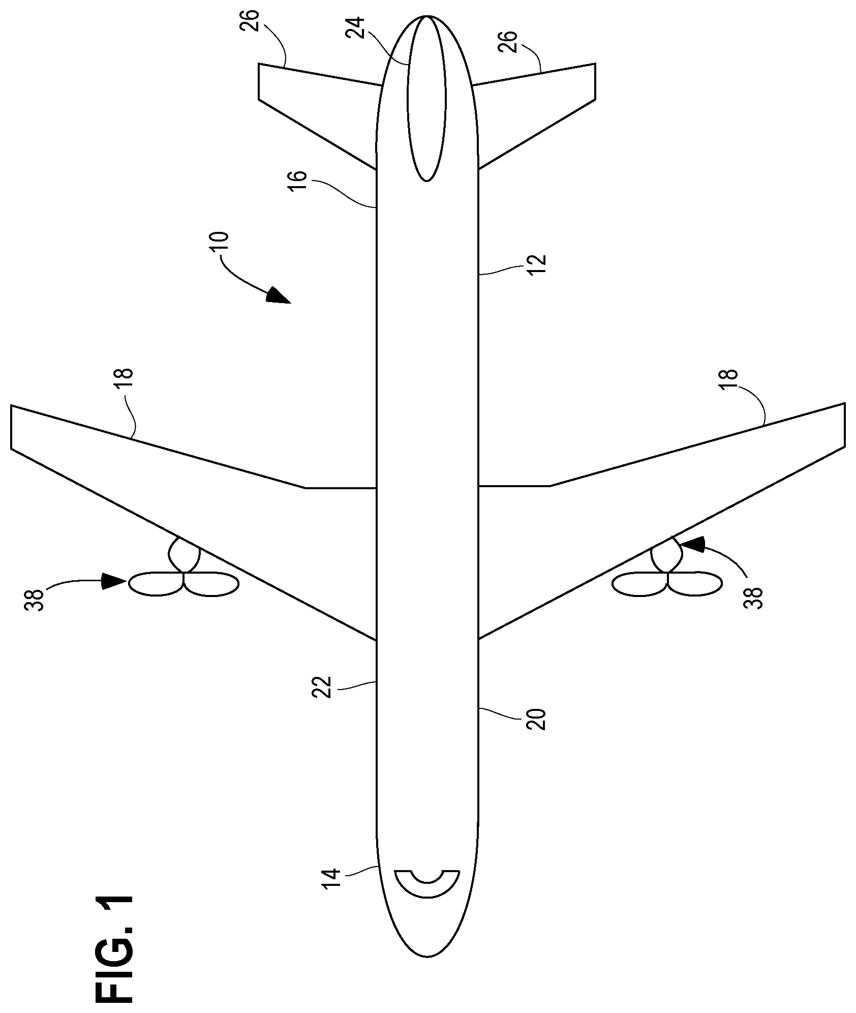 Patent US12365446 Figure 1 – Aircraft with an unducted fan propulsor