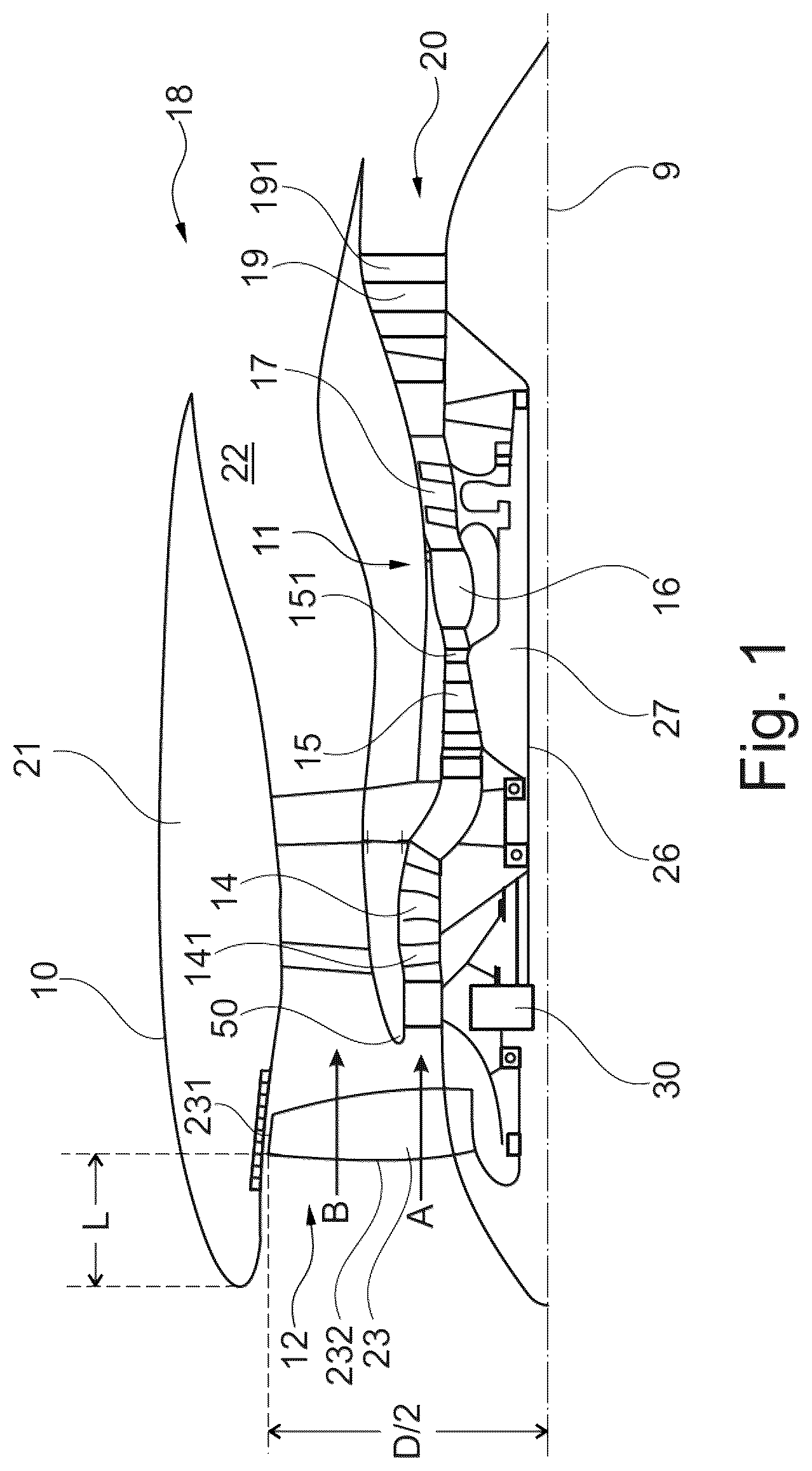 Patent US12365470 — Gas turbine engine compression system with core compressor pressure ratio — Figure 1
