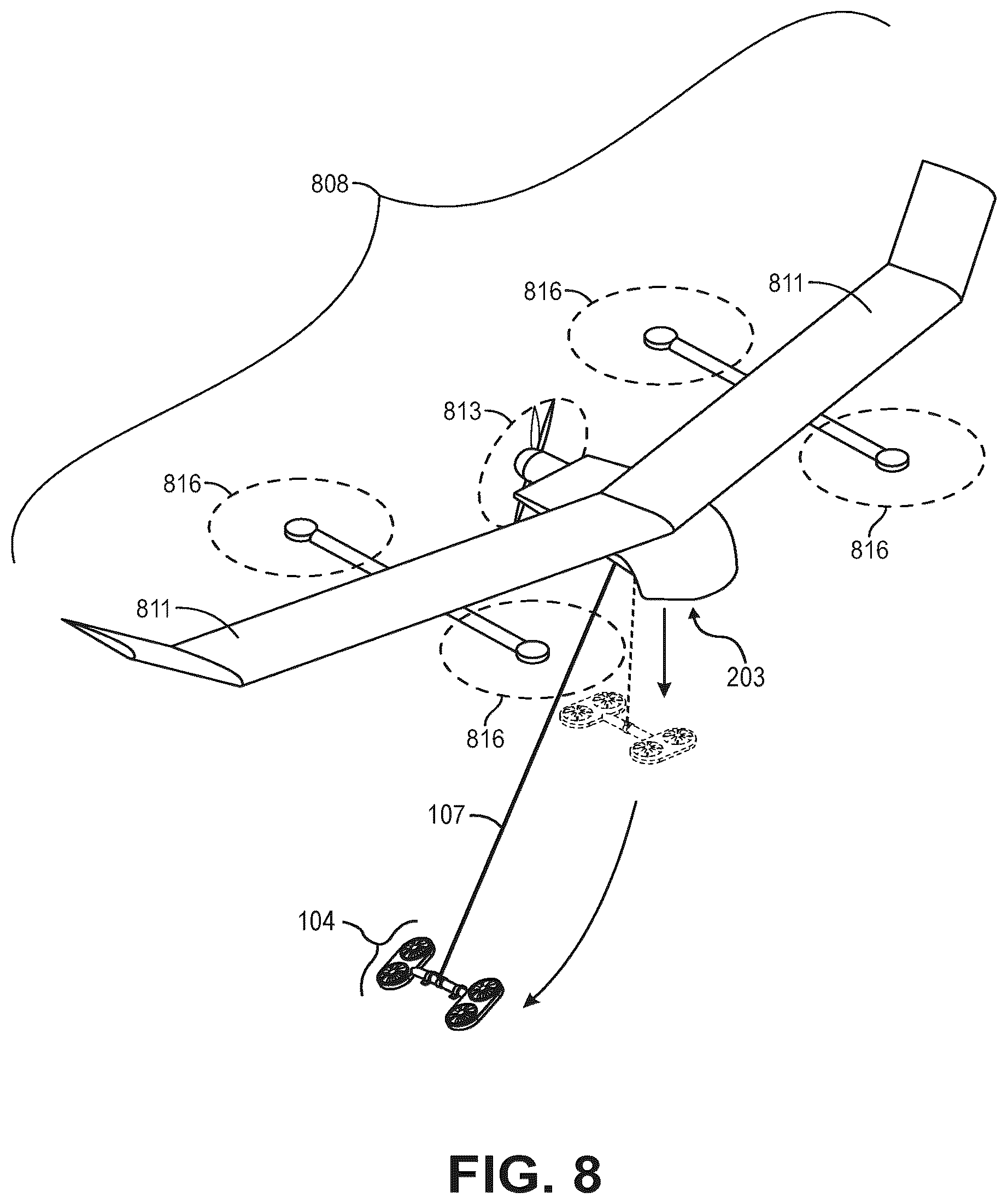 Patent US12365492 Figure 8 – Suspended aerial vehicle system with thruster stabilization