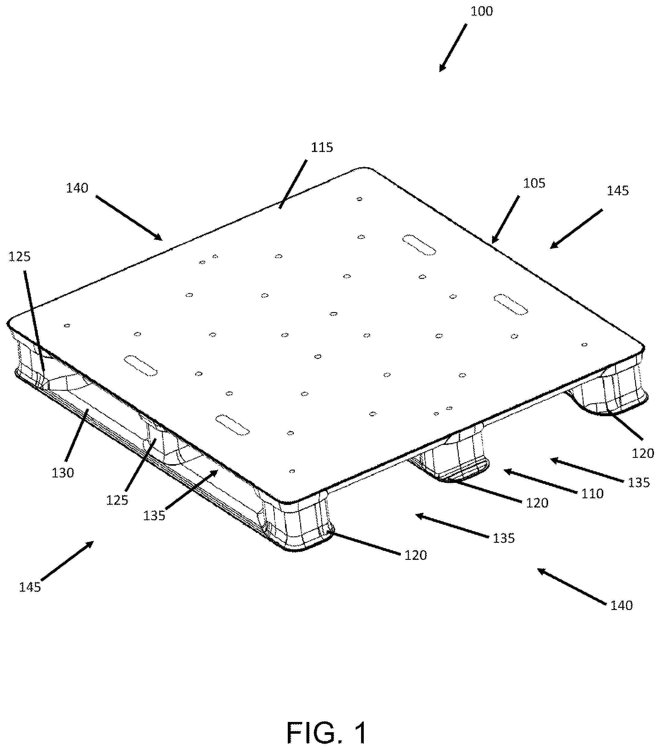 Patent US12365512 — Pallet with impact resistant and strengthened composite legs — Figure 1
