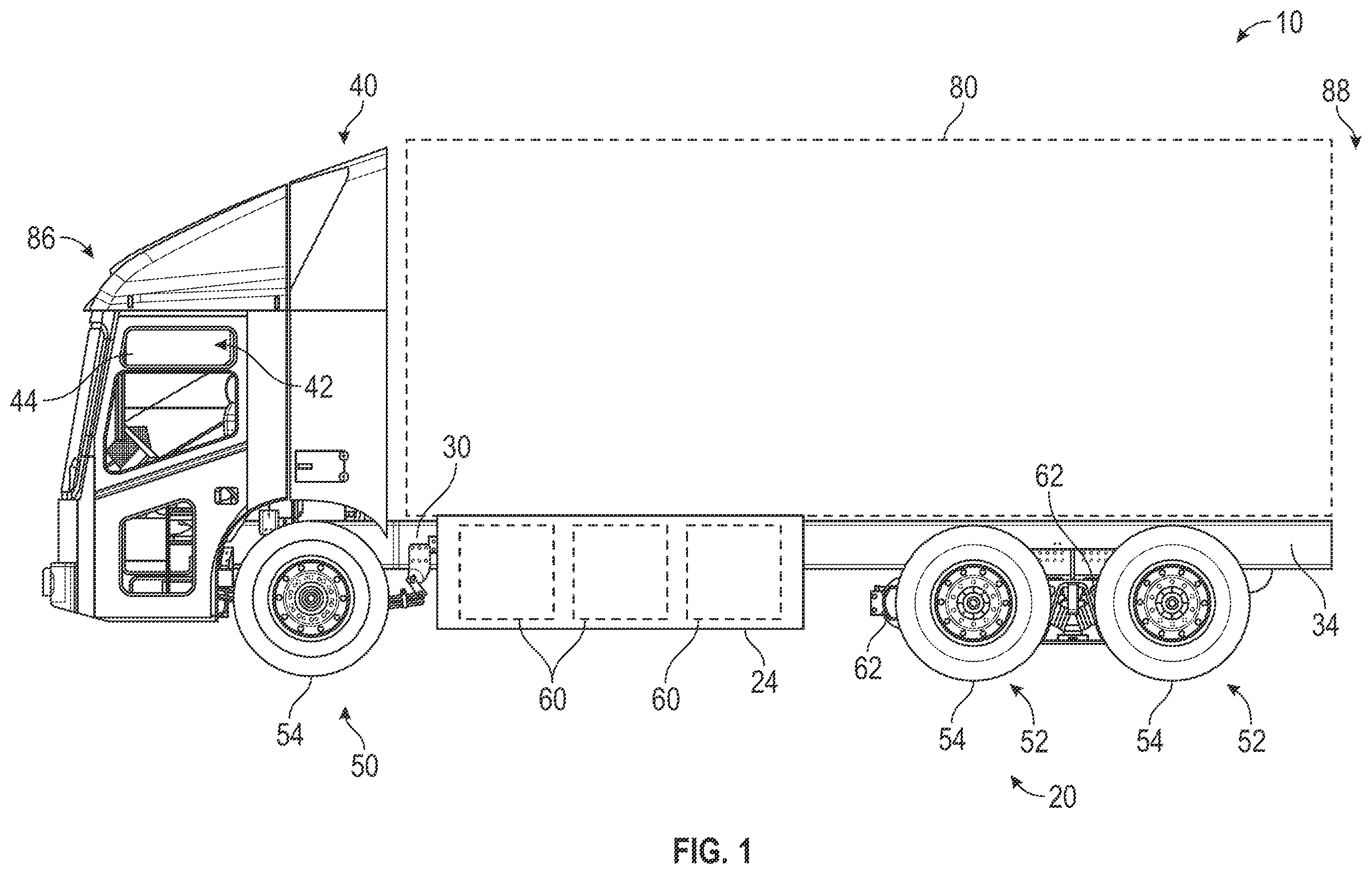 Patent US12365536 Figure 1 – Regeneration control for a refuse vehicle packer system