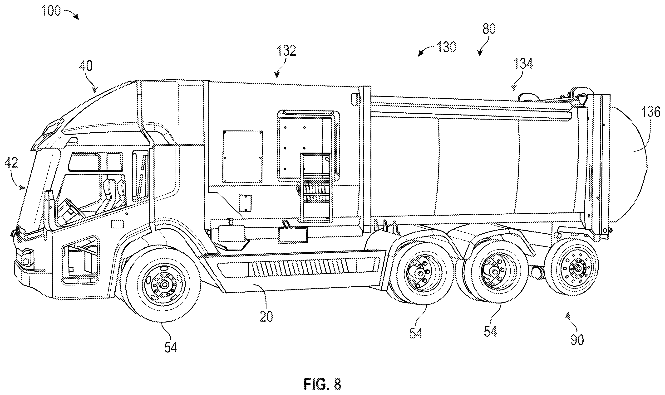 Patent US12365536 Figure 8 – Regeneration control for a refuse vehicle packer system