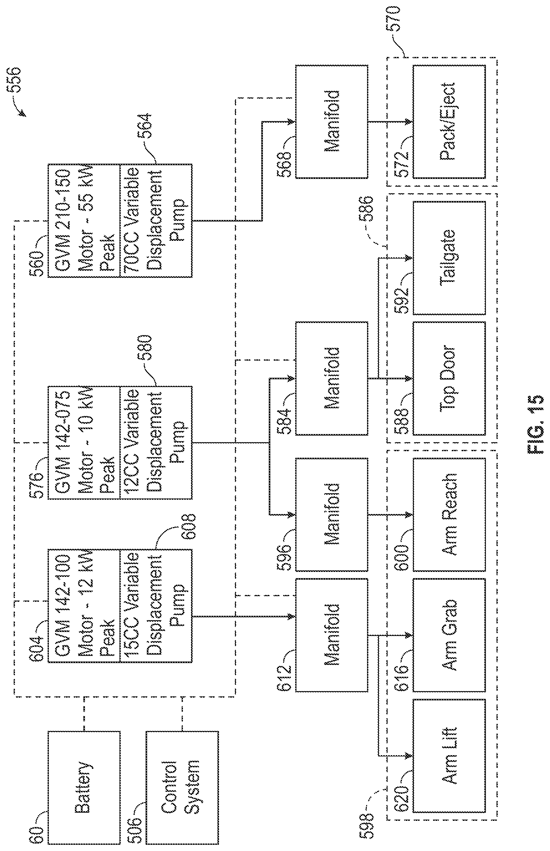 Patent US12365536 Figure 15 – Regeneration control for a refuse vehicle packer system
