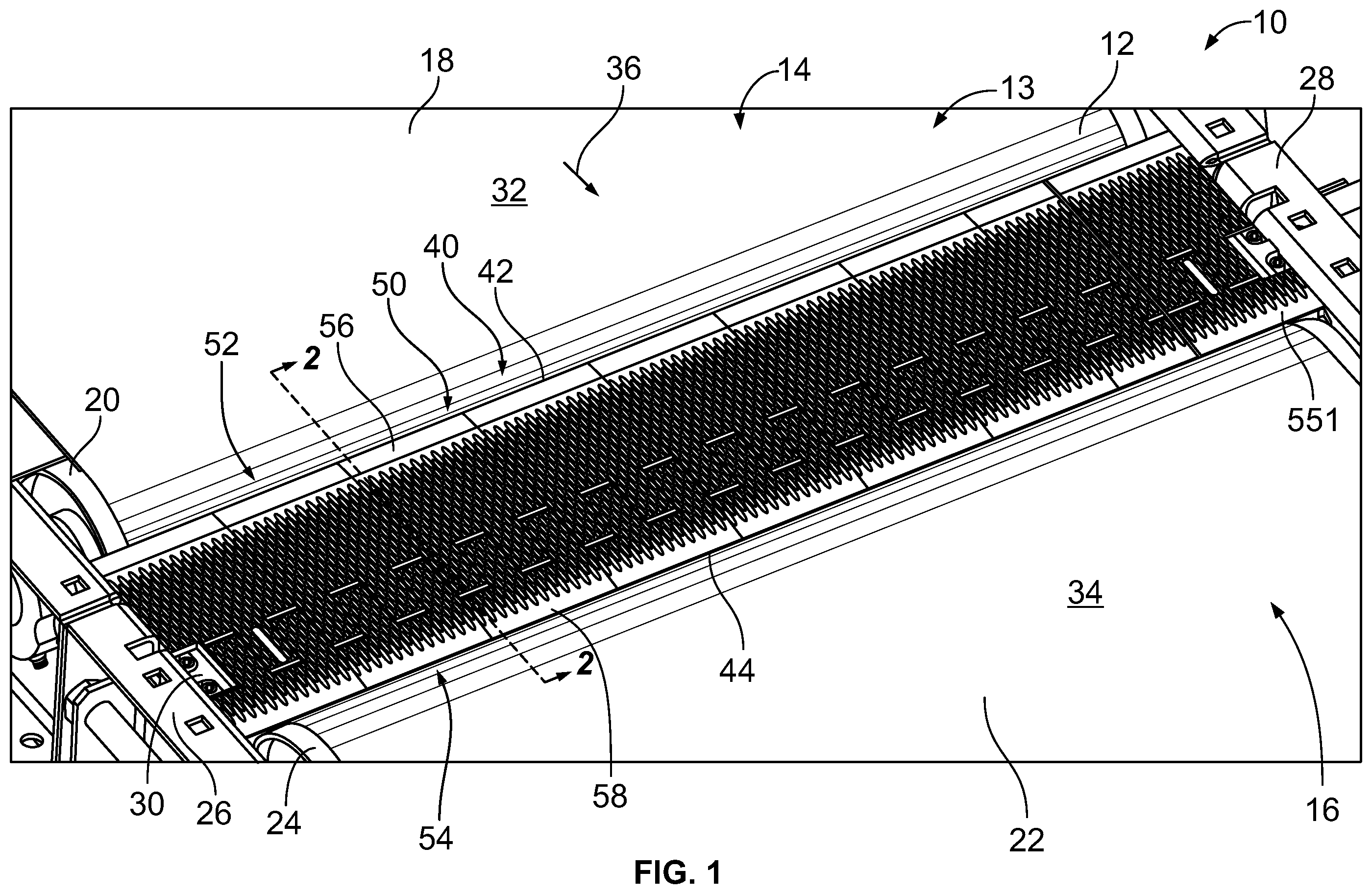 Patent US12365549 — Conveyor transfer guards — Figure 1