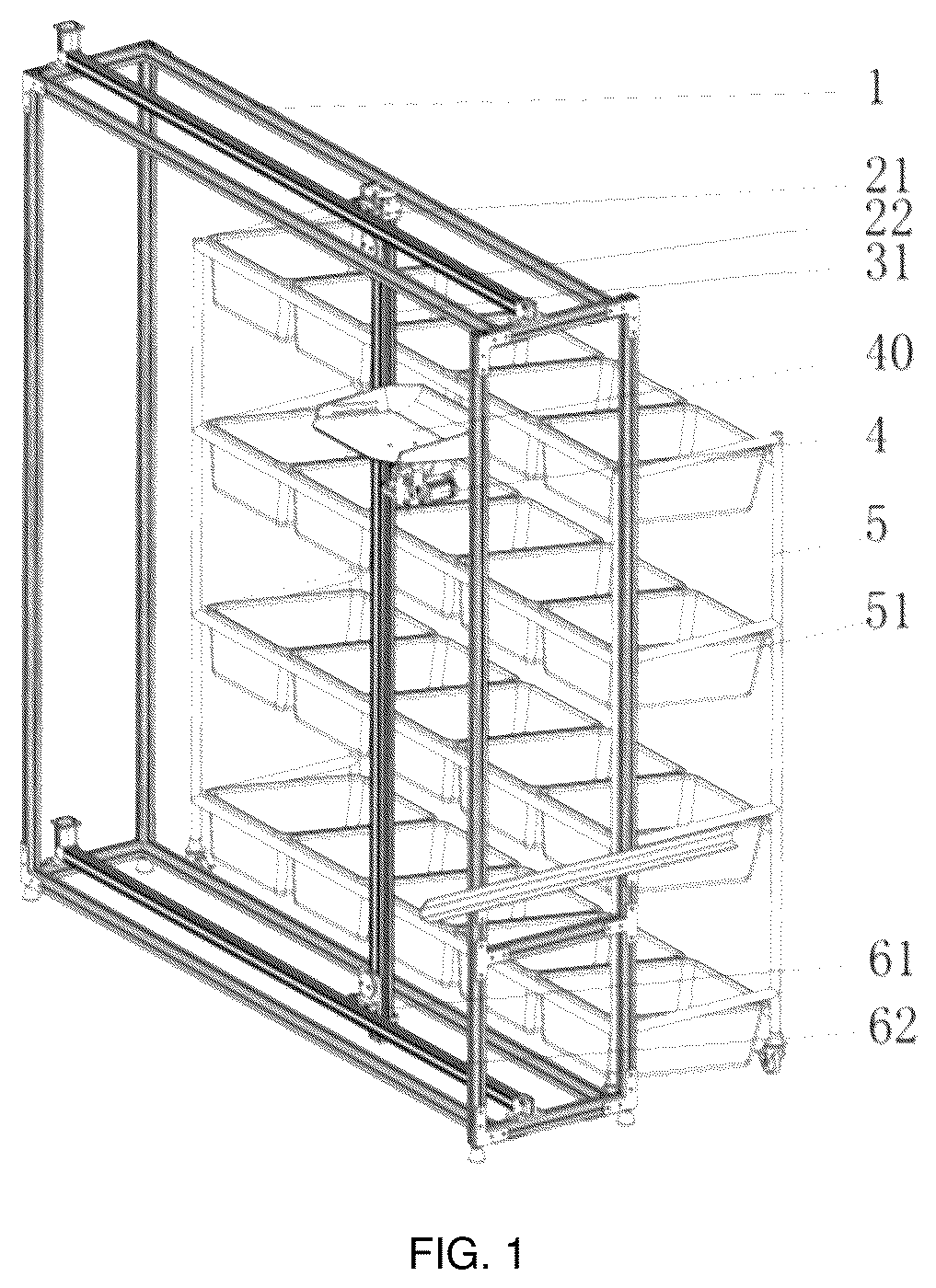 Patent US12365554 — Dual power driving-based parallel movable shelf and unloading apparatus thereof — Figure 1
