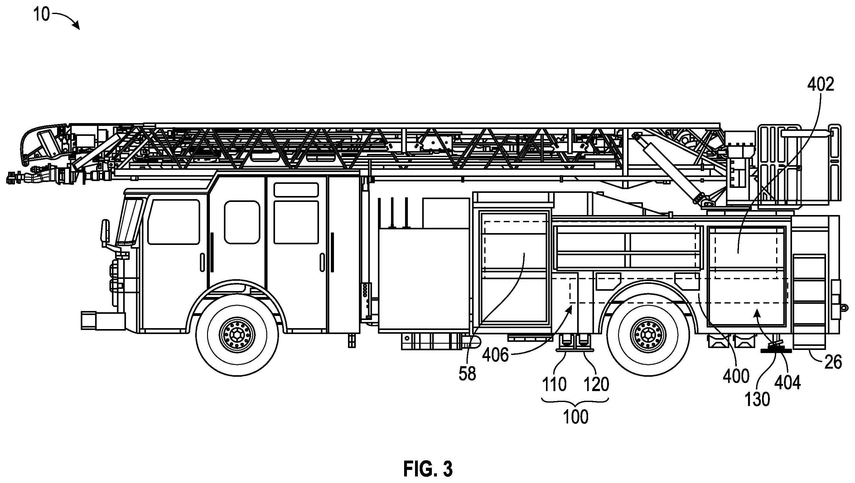 Patent US12365571 Figure 3 – Ladder and turntable assembly for a fire apparatus
