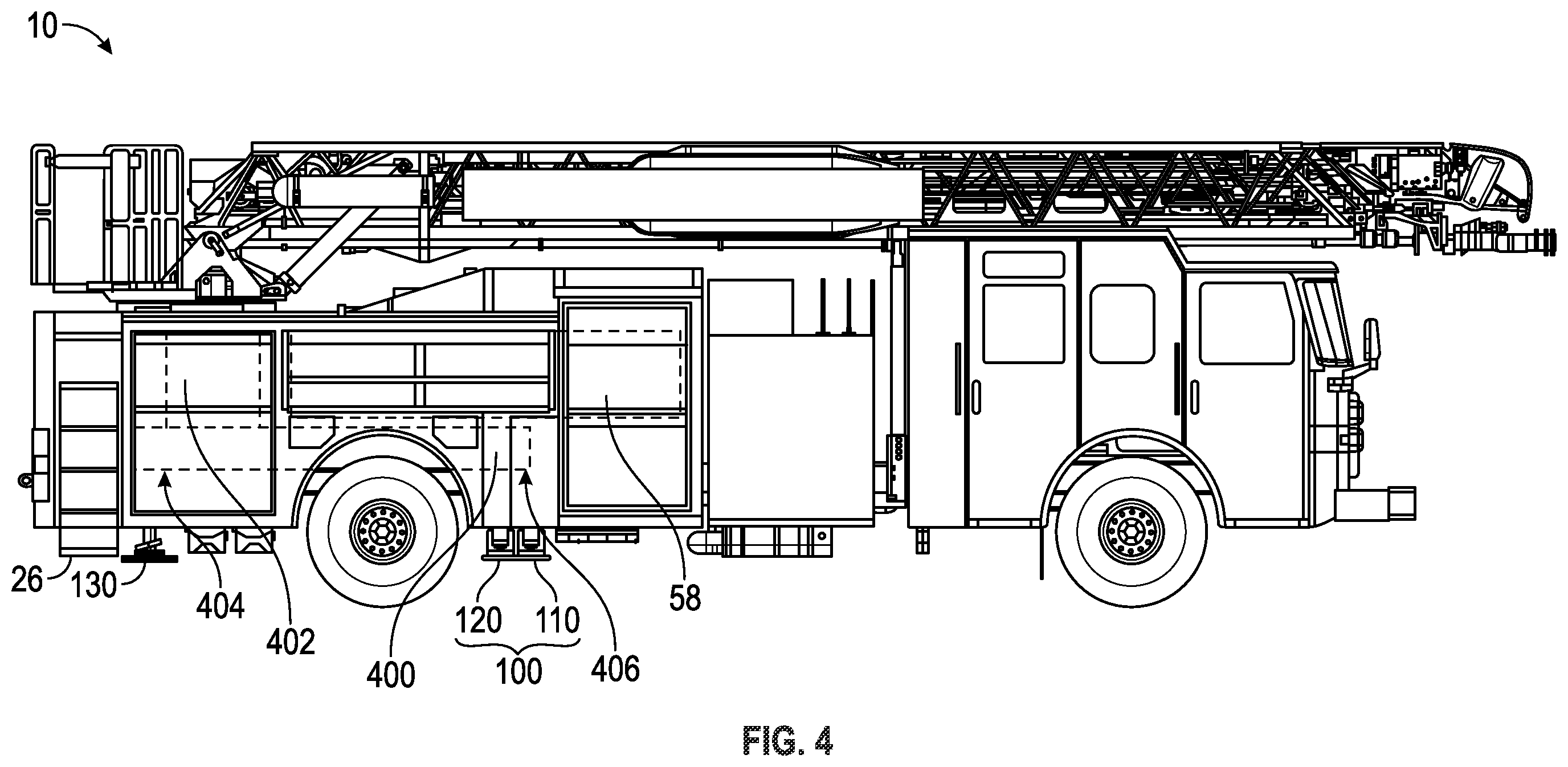 Patent US12365571 Figure 4 – Ladder and turntable assembly for a fire apparatus